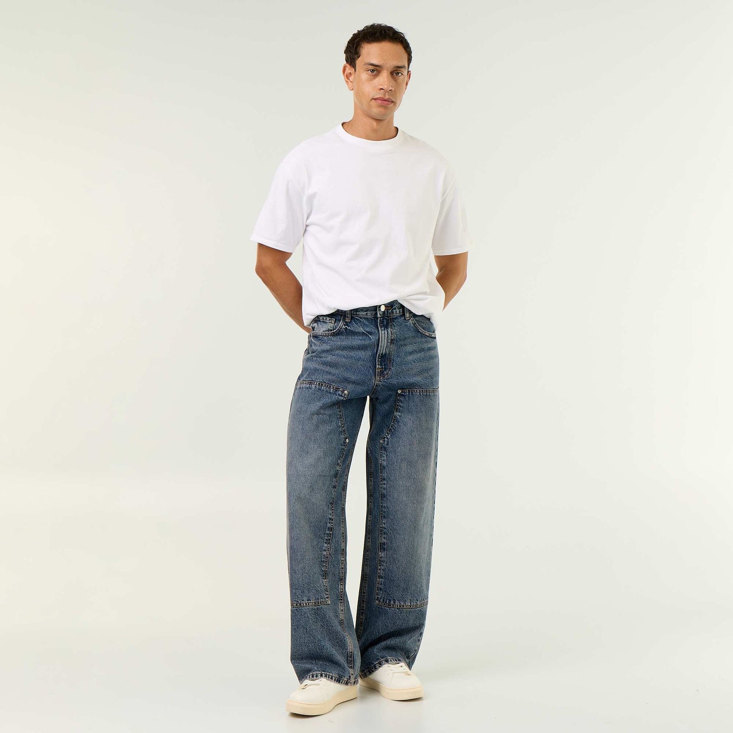 Solid baggy jeans with decorative panels BLUE