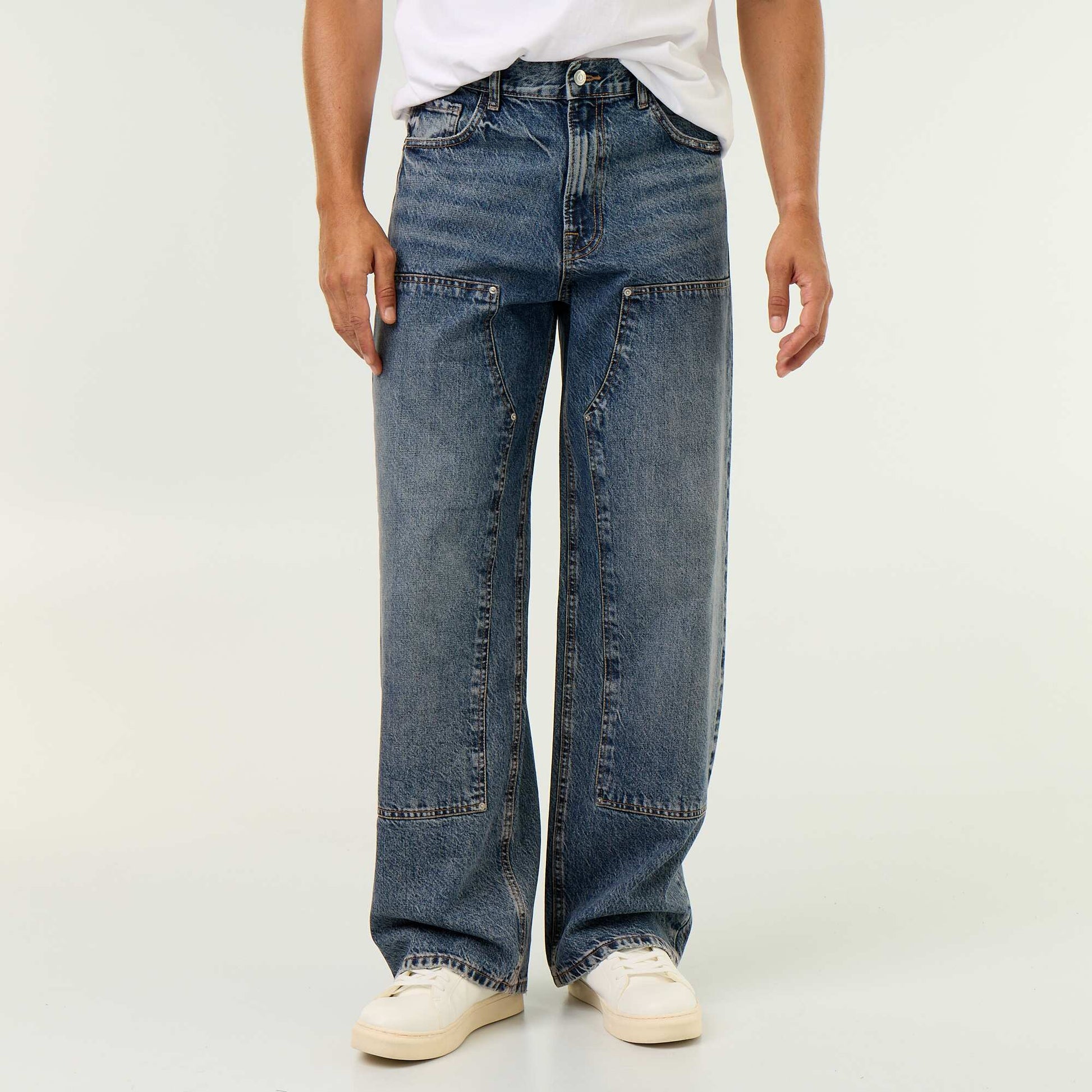 Solid baggy jeans with decorative panels BLUE