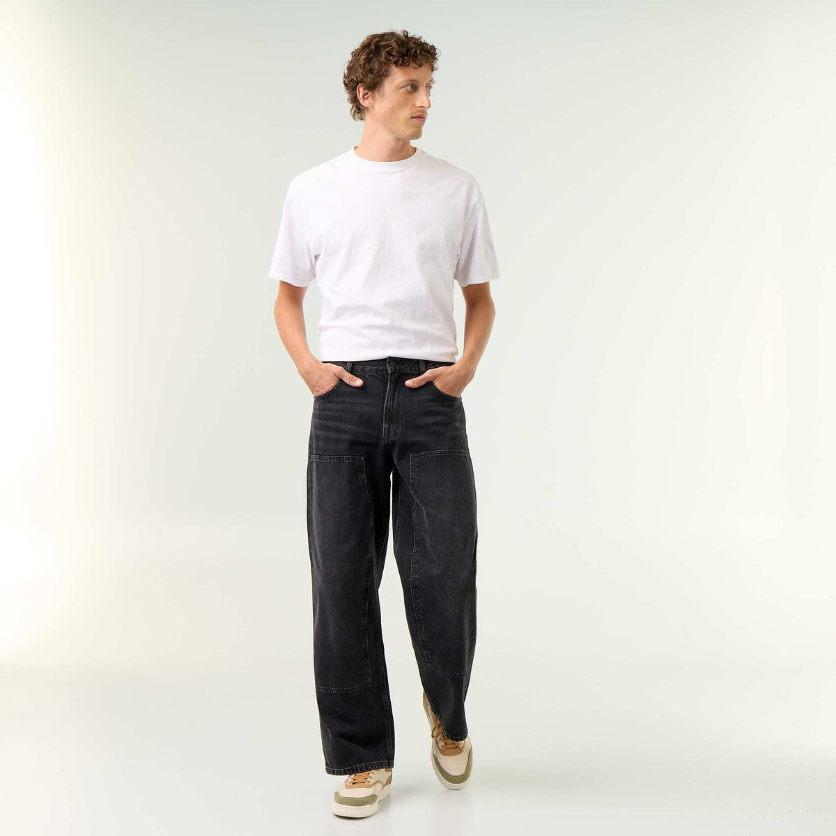 Solid baggy jeans with decorative panels BLACK