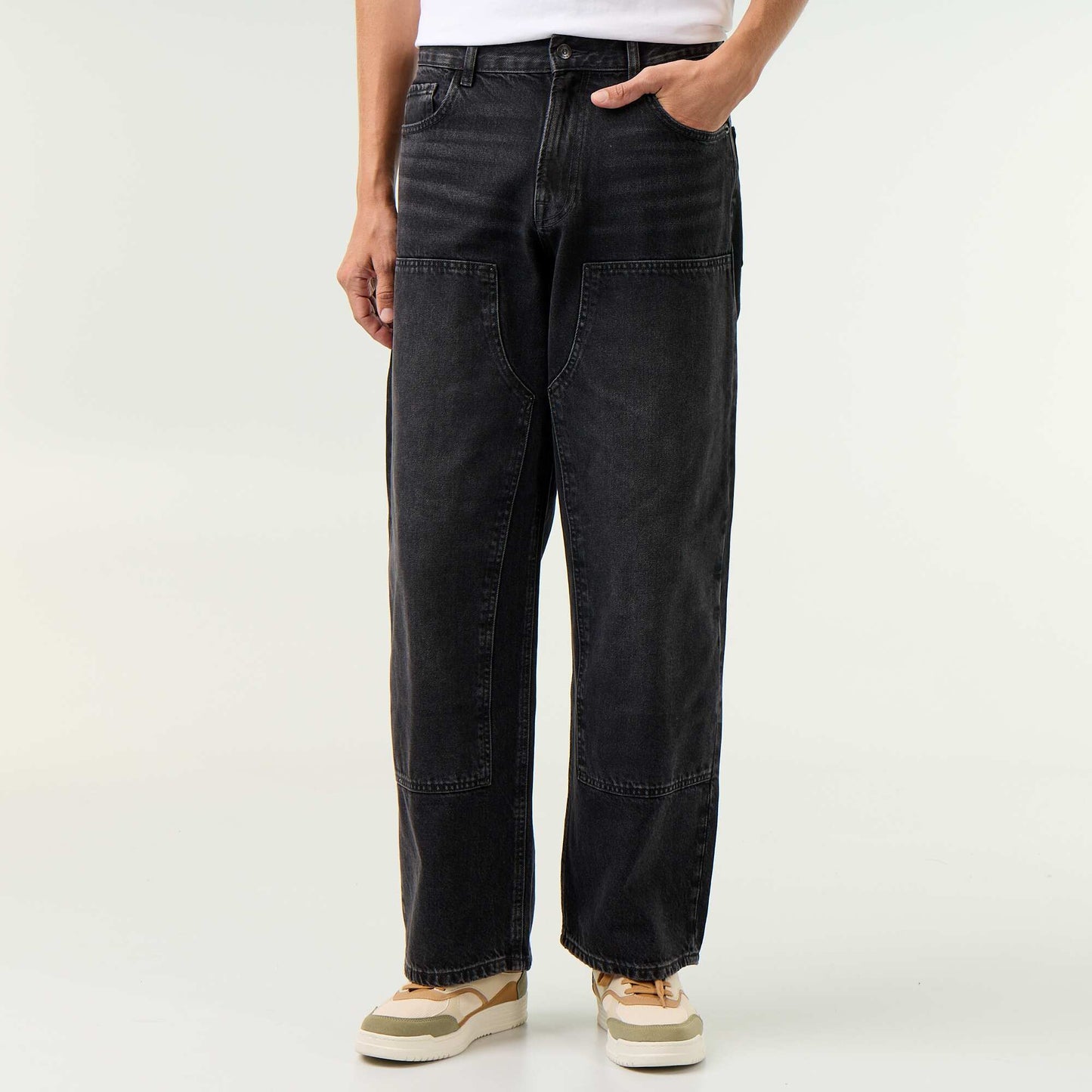 Solid baggy jeans with decorative panels BLACK