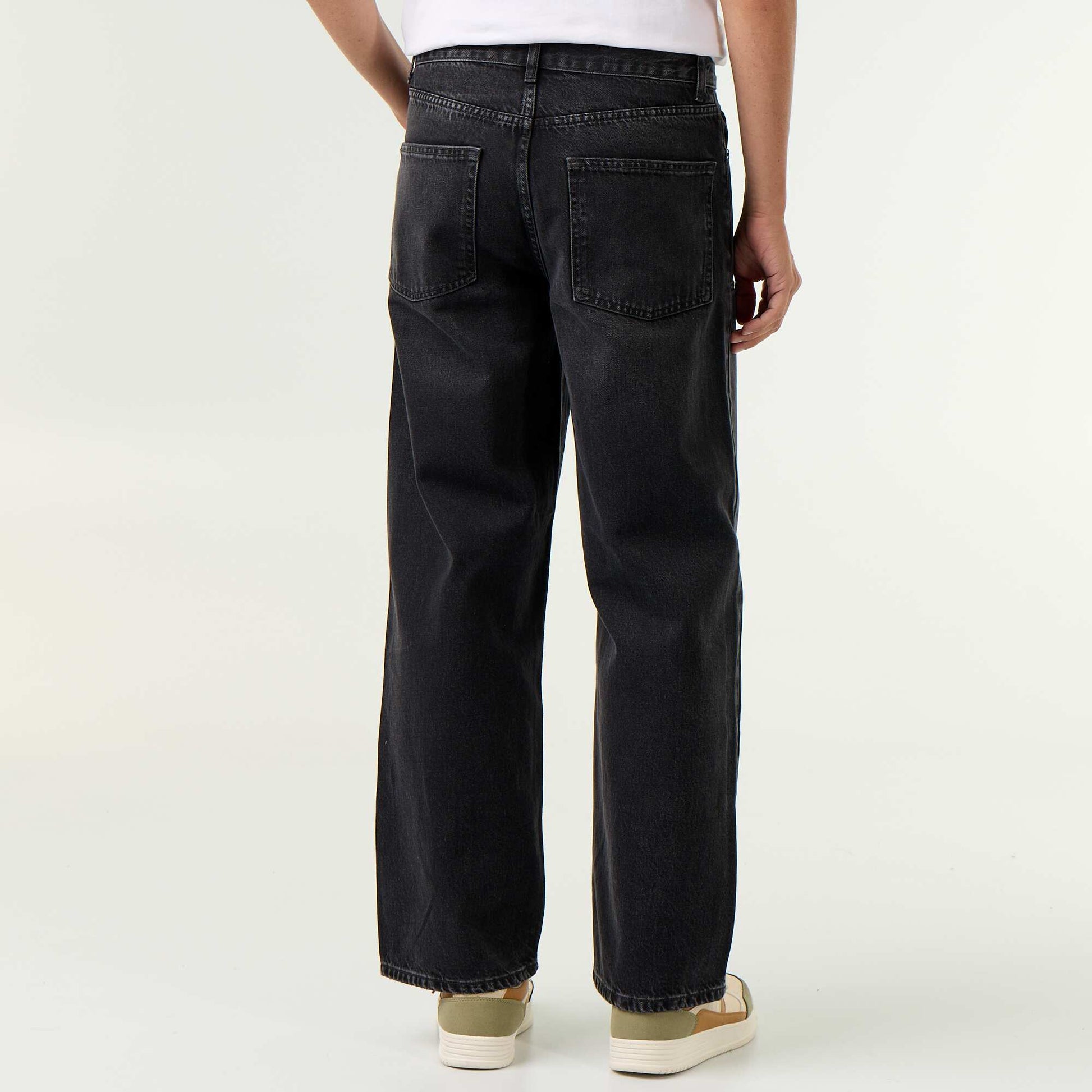 Solid baggy jeans with decorative panels BLACK