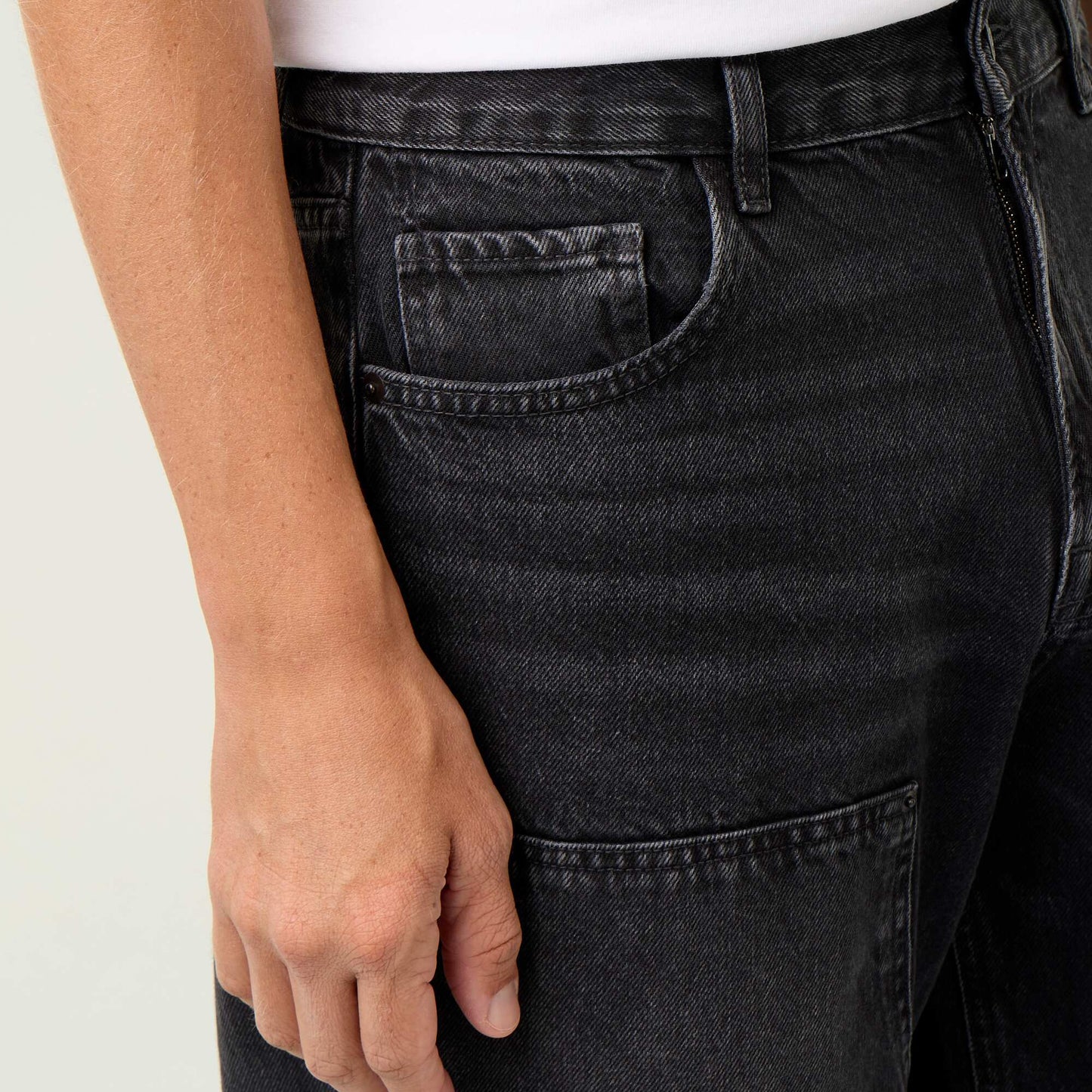 Solid baggy jeans with decorative panels BLACK
