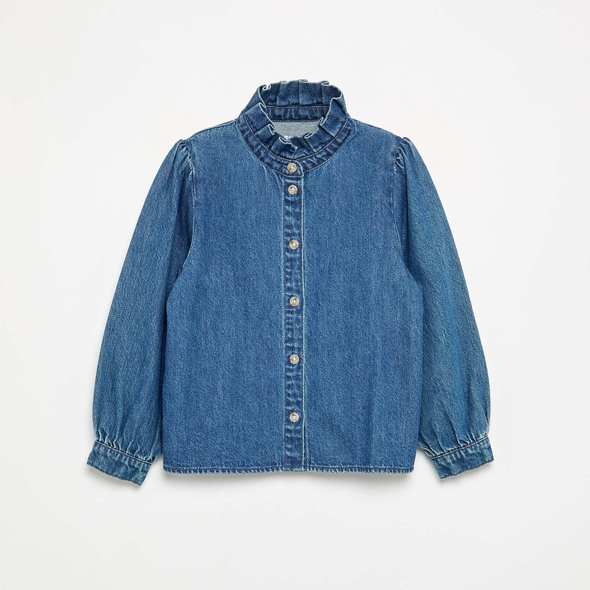 Denim blouse with ruffled stand-up collar BLUE
