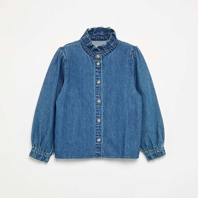 Denim blouse with ruffled stand-up collar BLUE