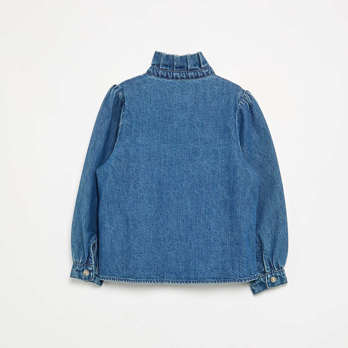 Denim blouse with ruffled stand-up collar BLUE