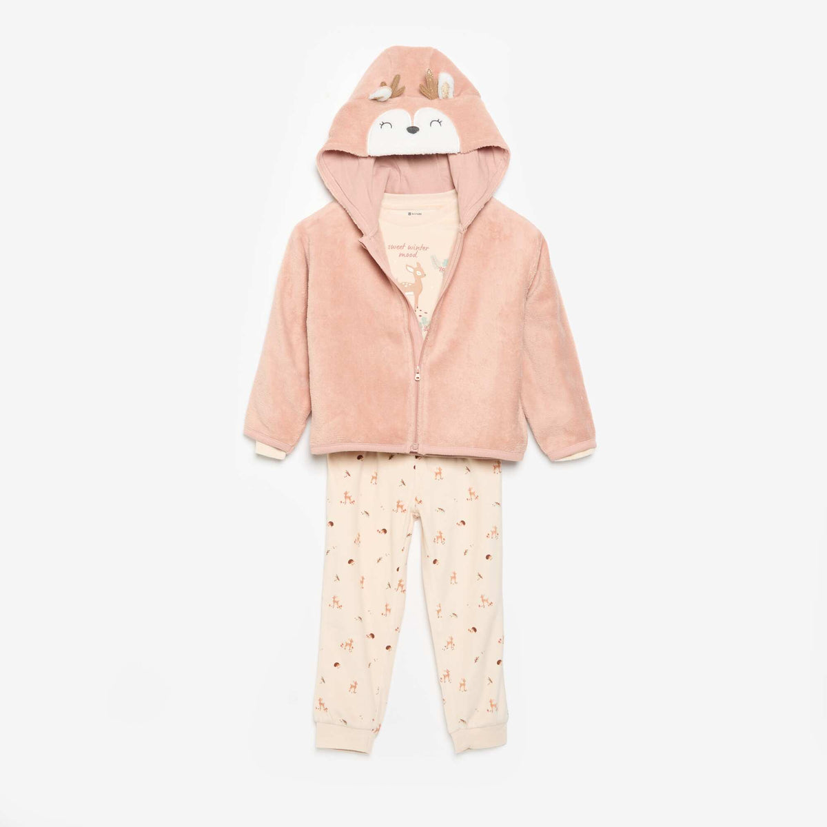 Fleece Pyjama Set with Animated Hood - 2 Pieces PINK