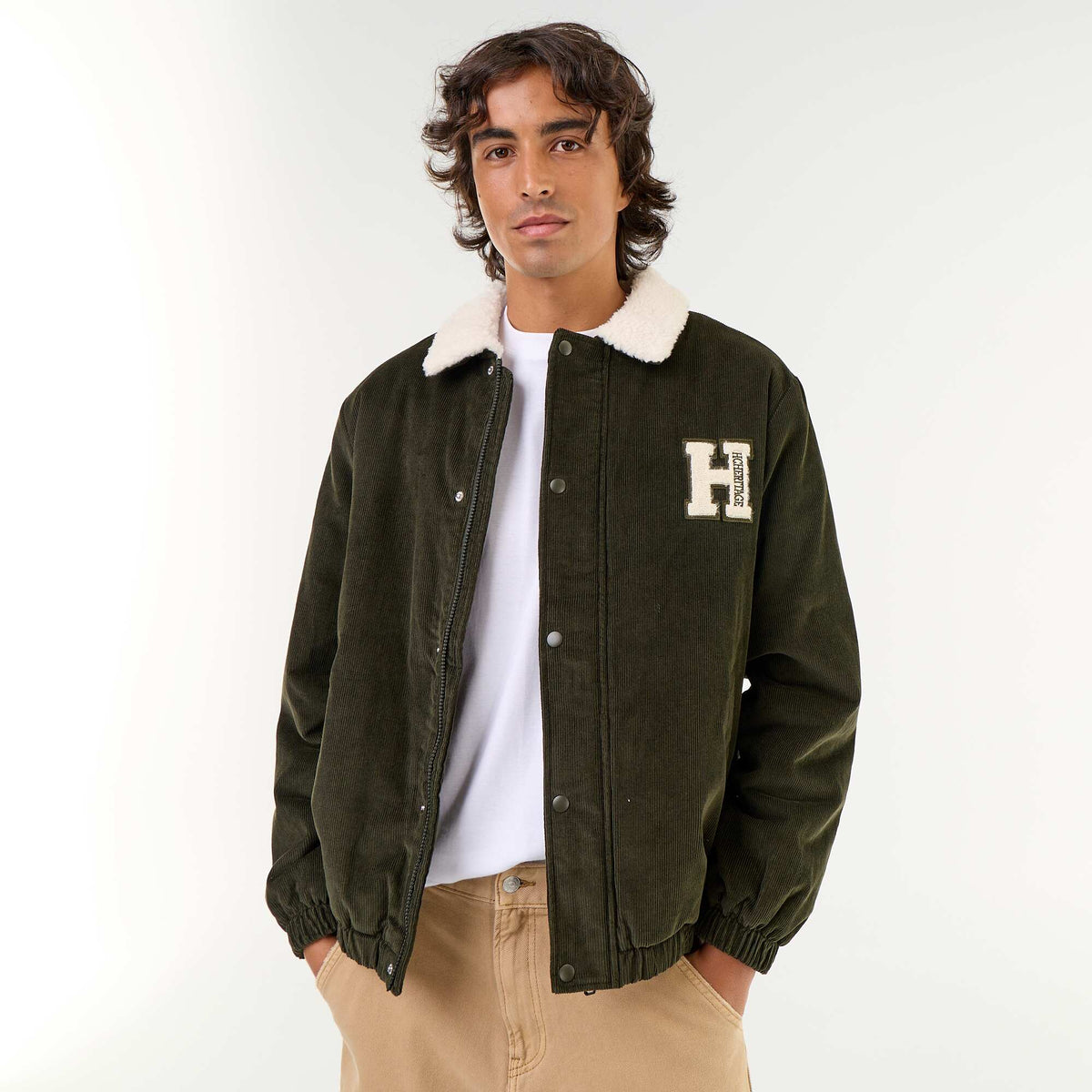 Corduroy jacket with sherpa-effect collar GREEN