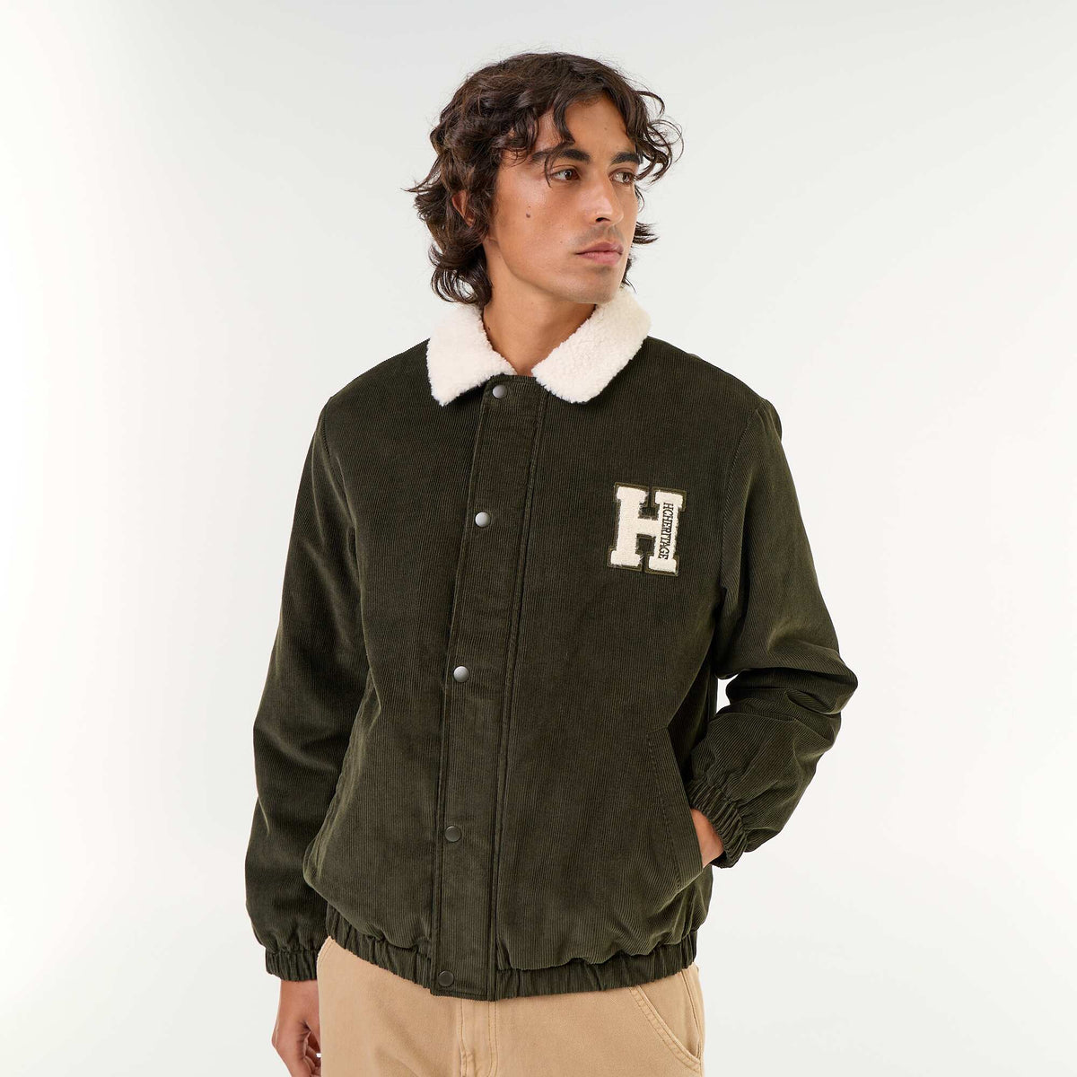 Corduroy jacket with sherpa-effect collar GREEN