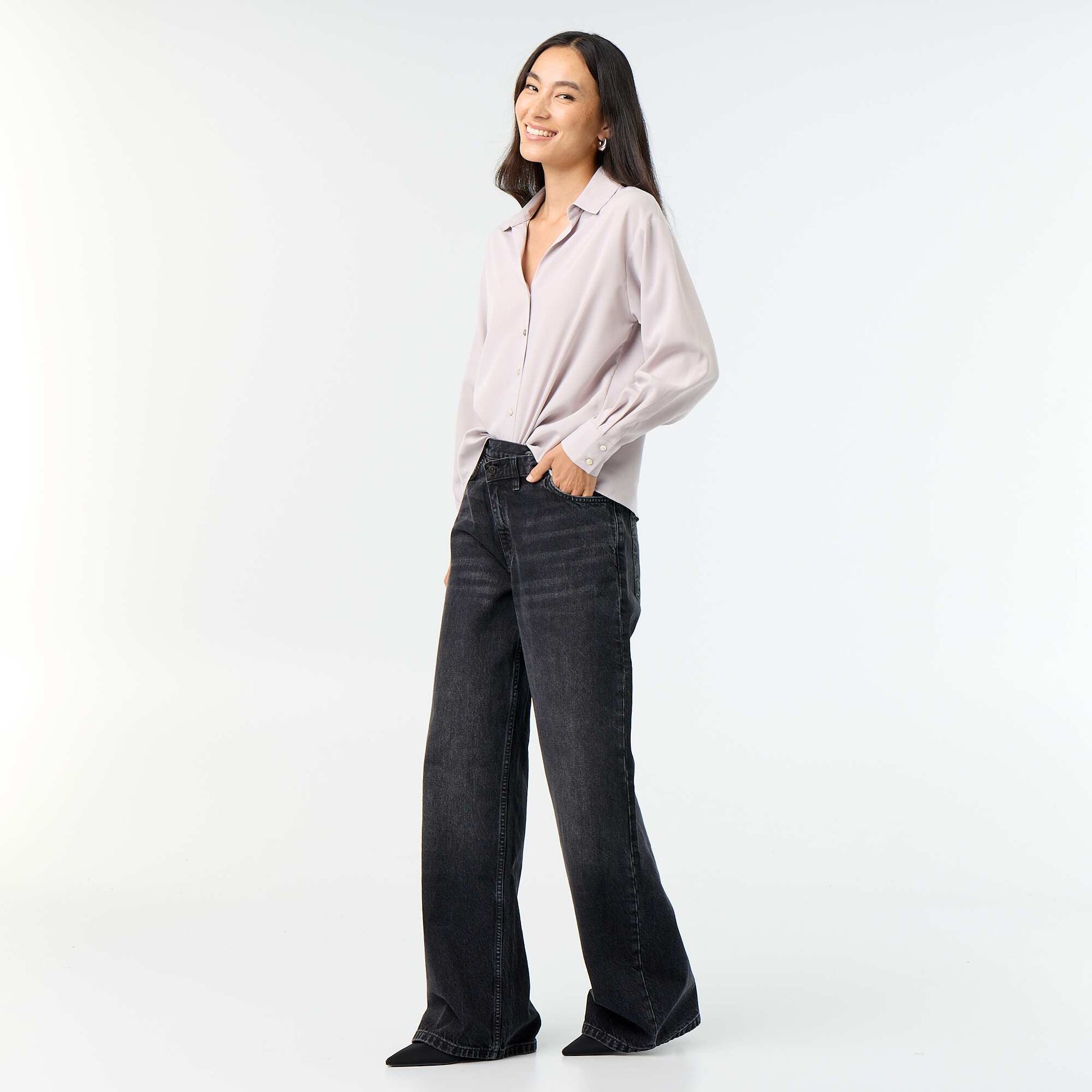 Barrel Jeans with Asymmetric Button Fly BLACK