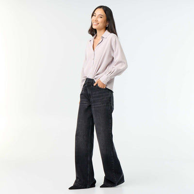 Barrel Jeans with Asymmetric Button Fly BLACK