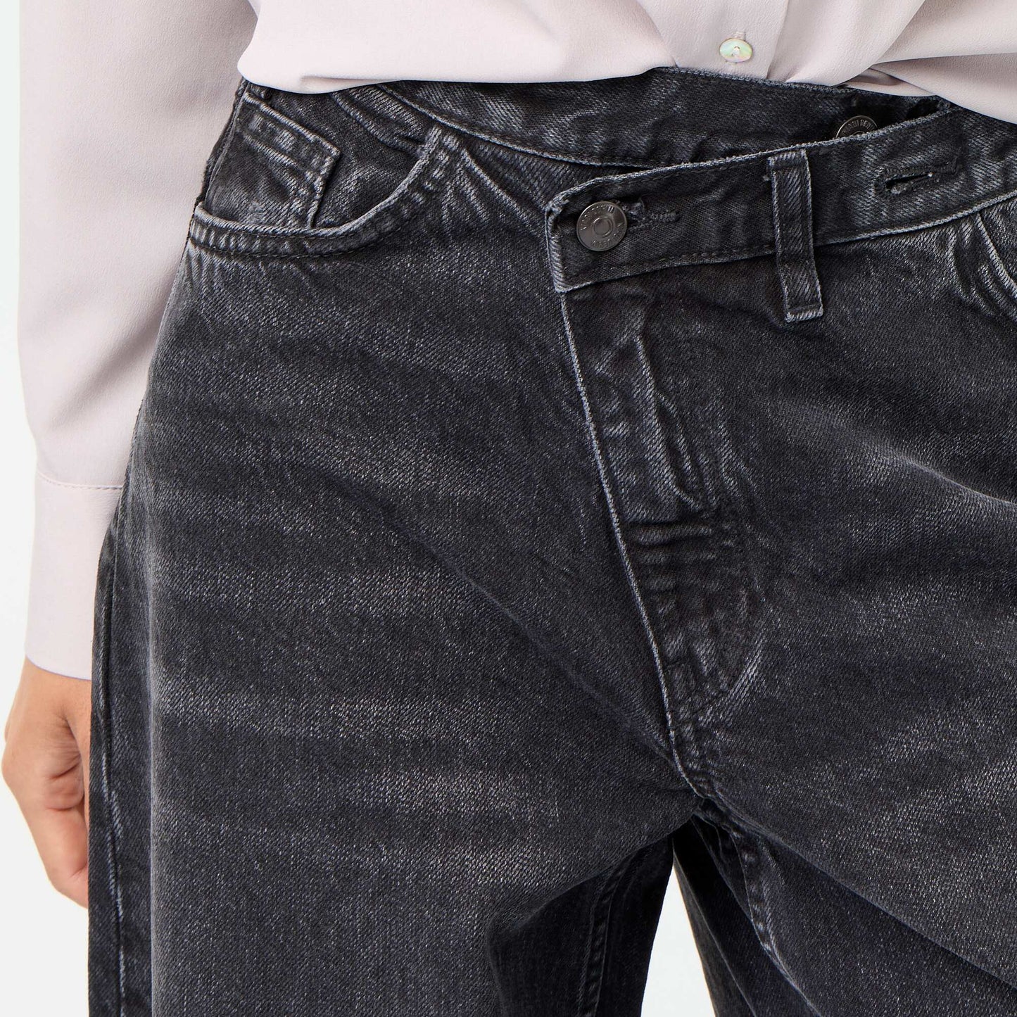 Barrel Jeans with Asymmetric Button Fly BLACK
