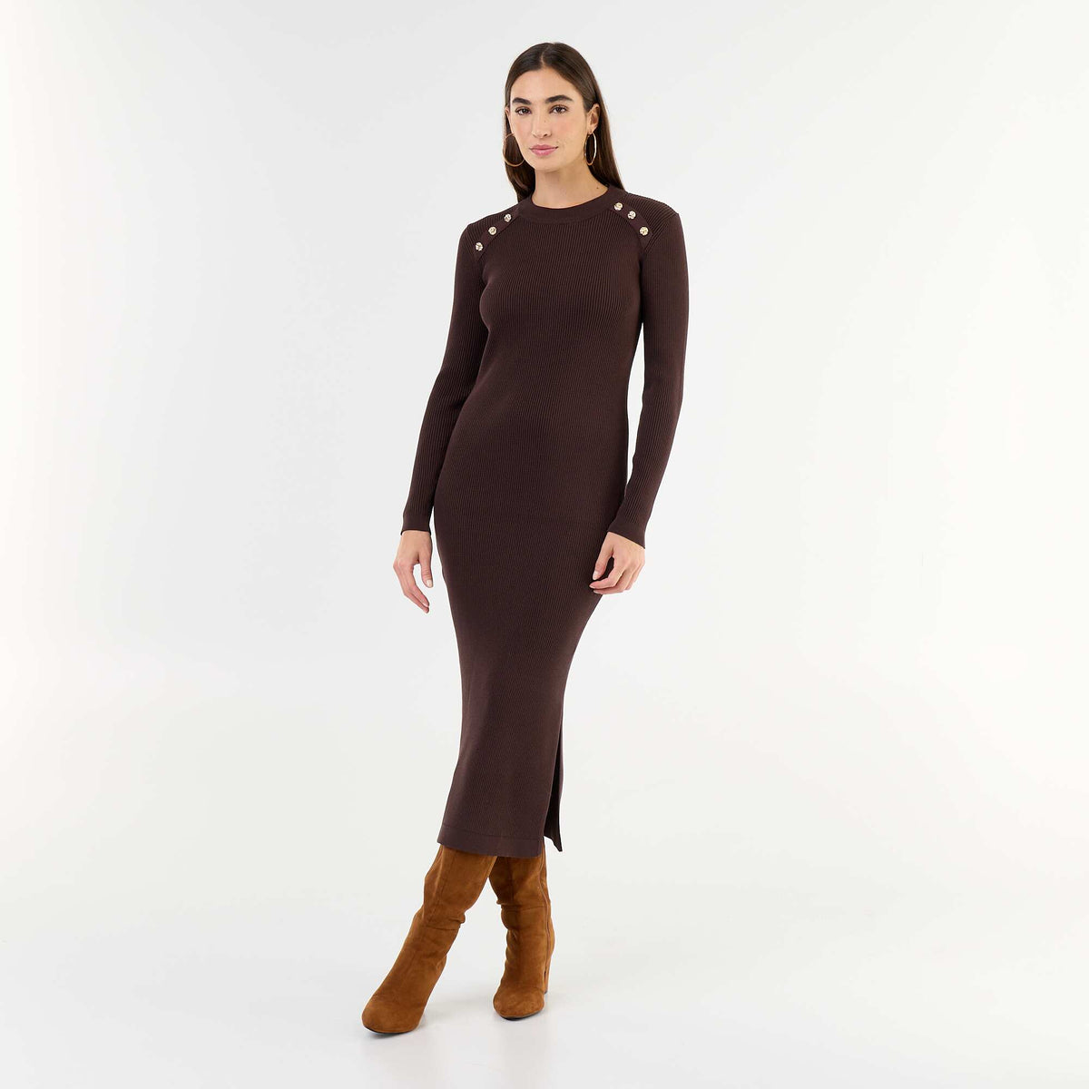 Long ribbed knit dress BROWN