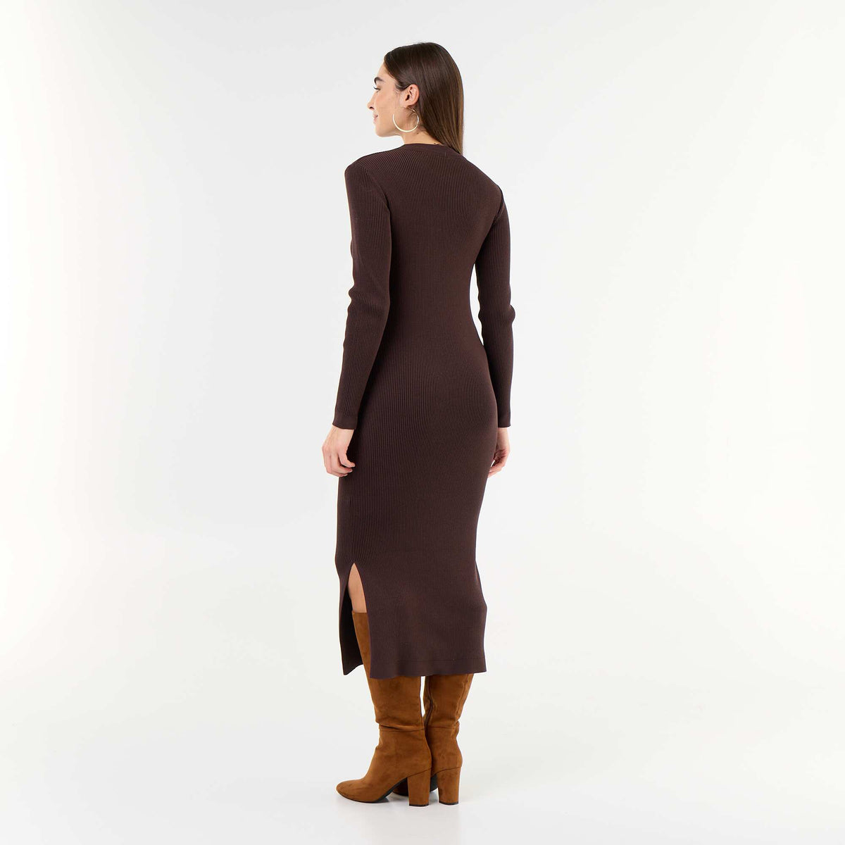 Long ribbed knit dress BROWN