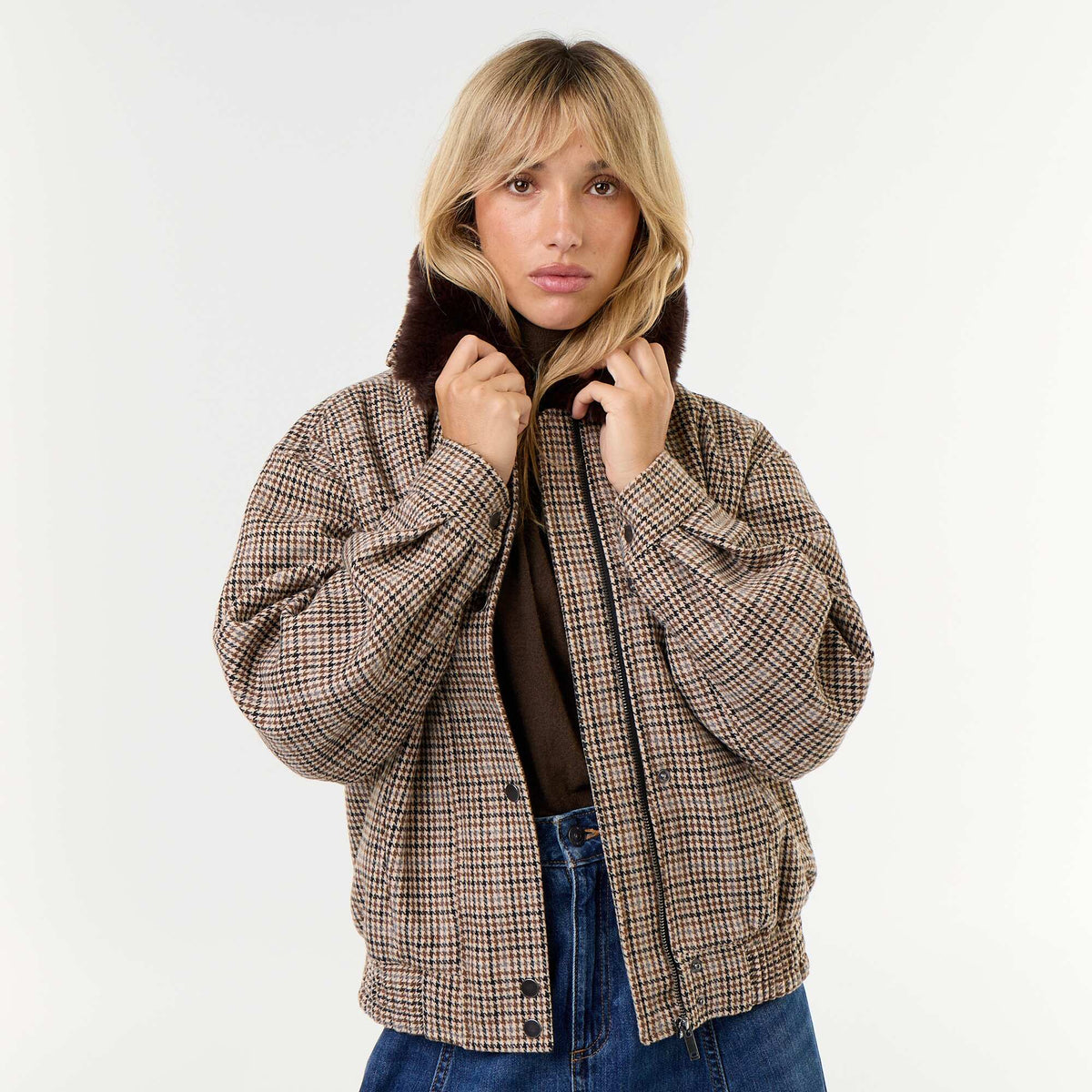 Oversized Faux Wool Jacket with Removable Fur Collar BEIGE