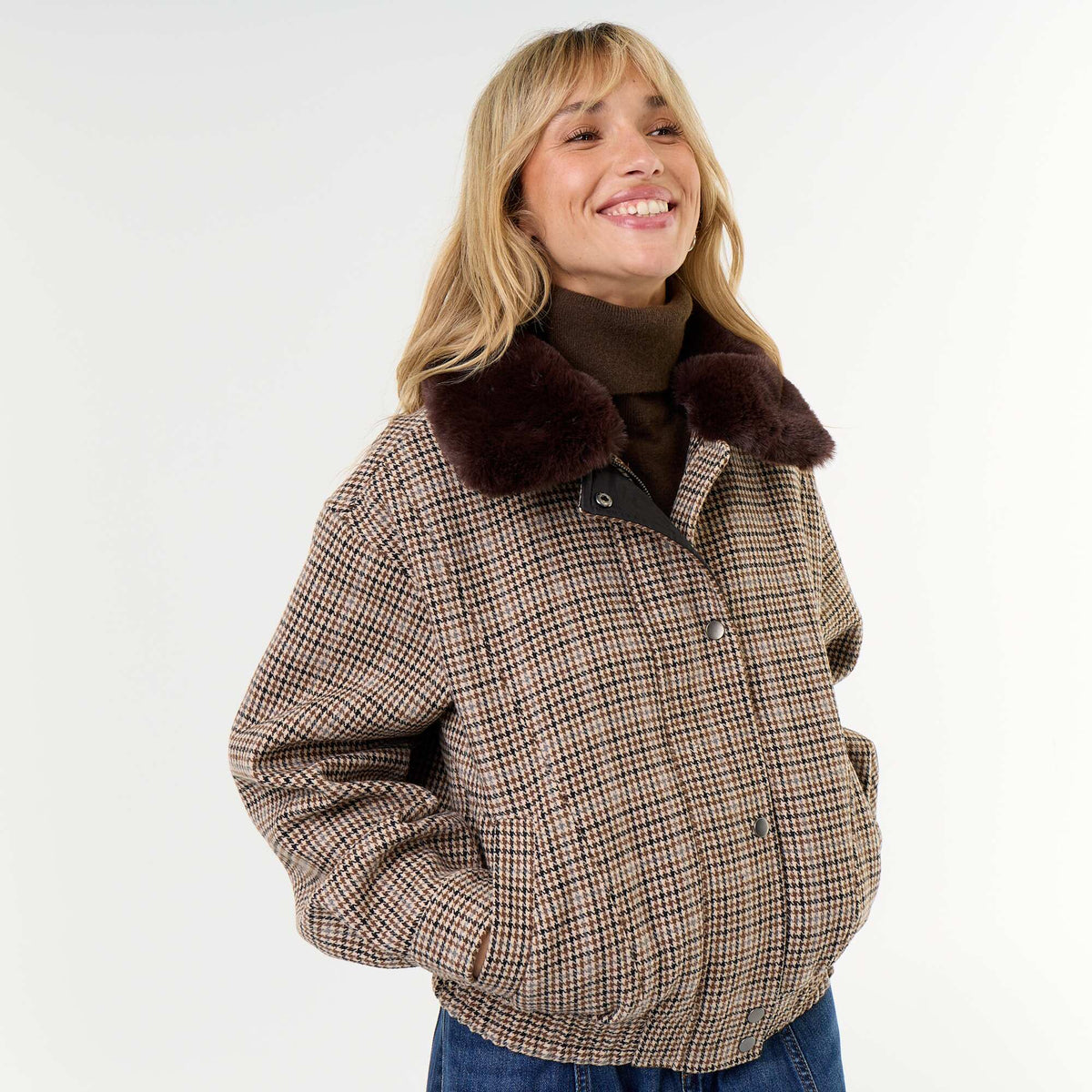 Oversized Faux Wool Jacket with Removable Fur Collar BEIGE