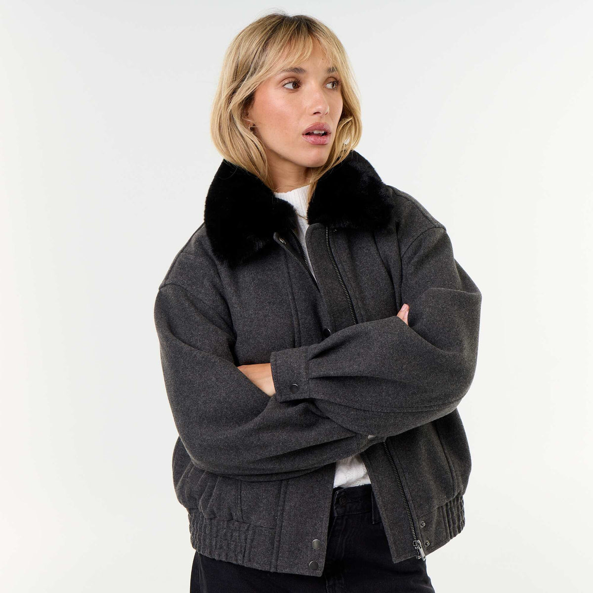 Oversized Faux Wool Jacket with Removable Fur Collar GREY