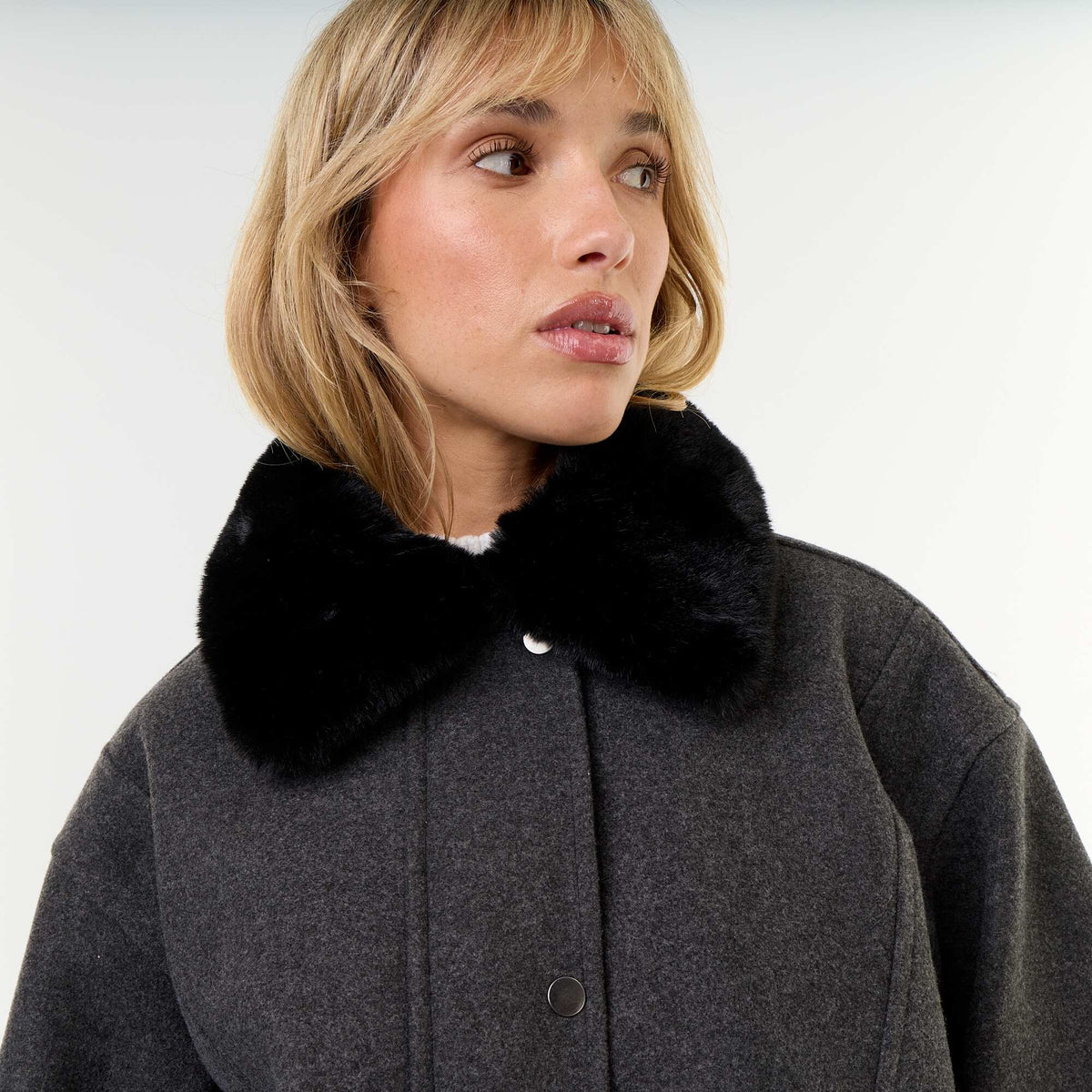 Oversized Faux Wool Jacket with Removable Fur Collar GREY