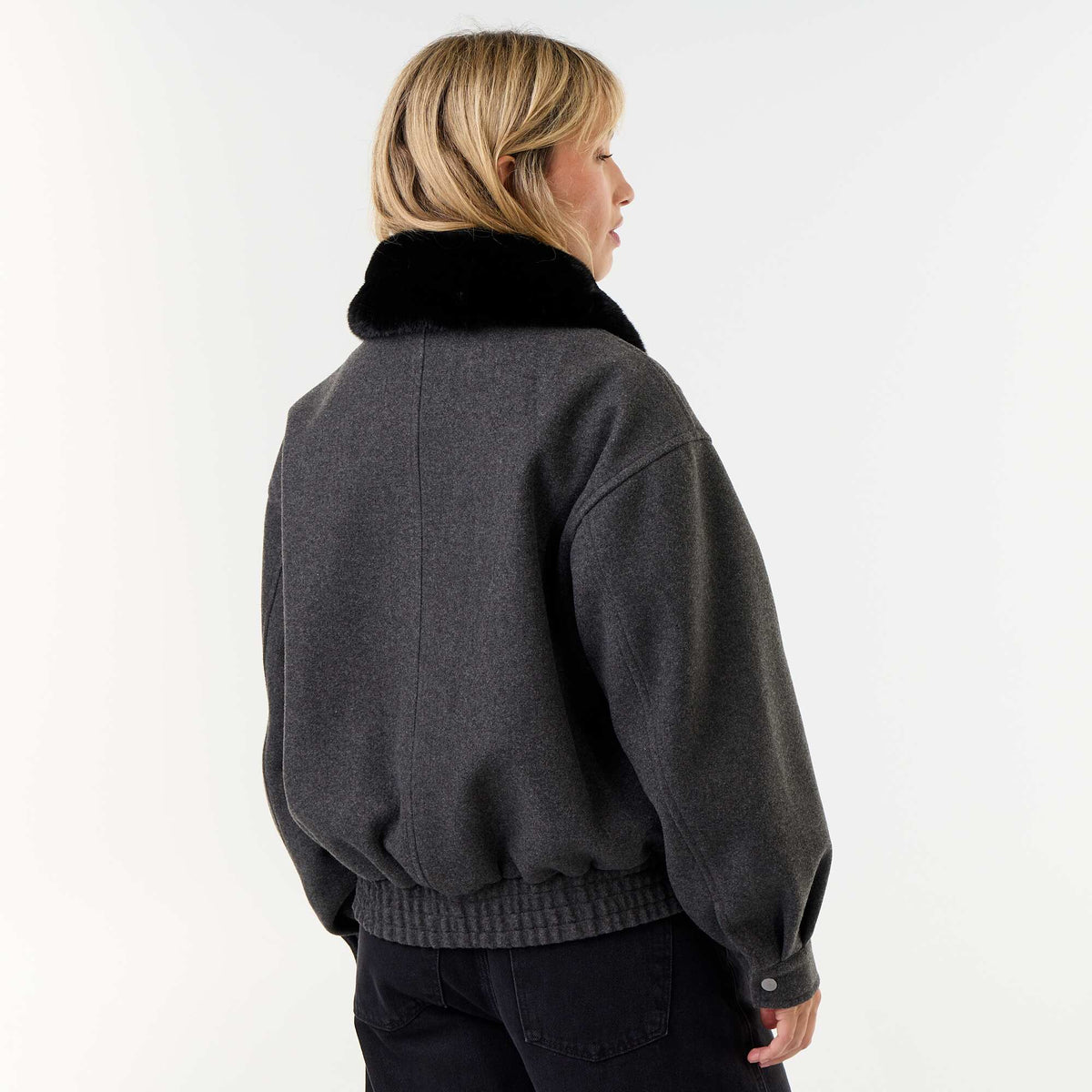 Oversized Faux Wool Jacket with Removable Fur Collar GREY