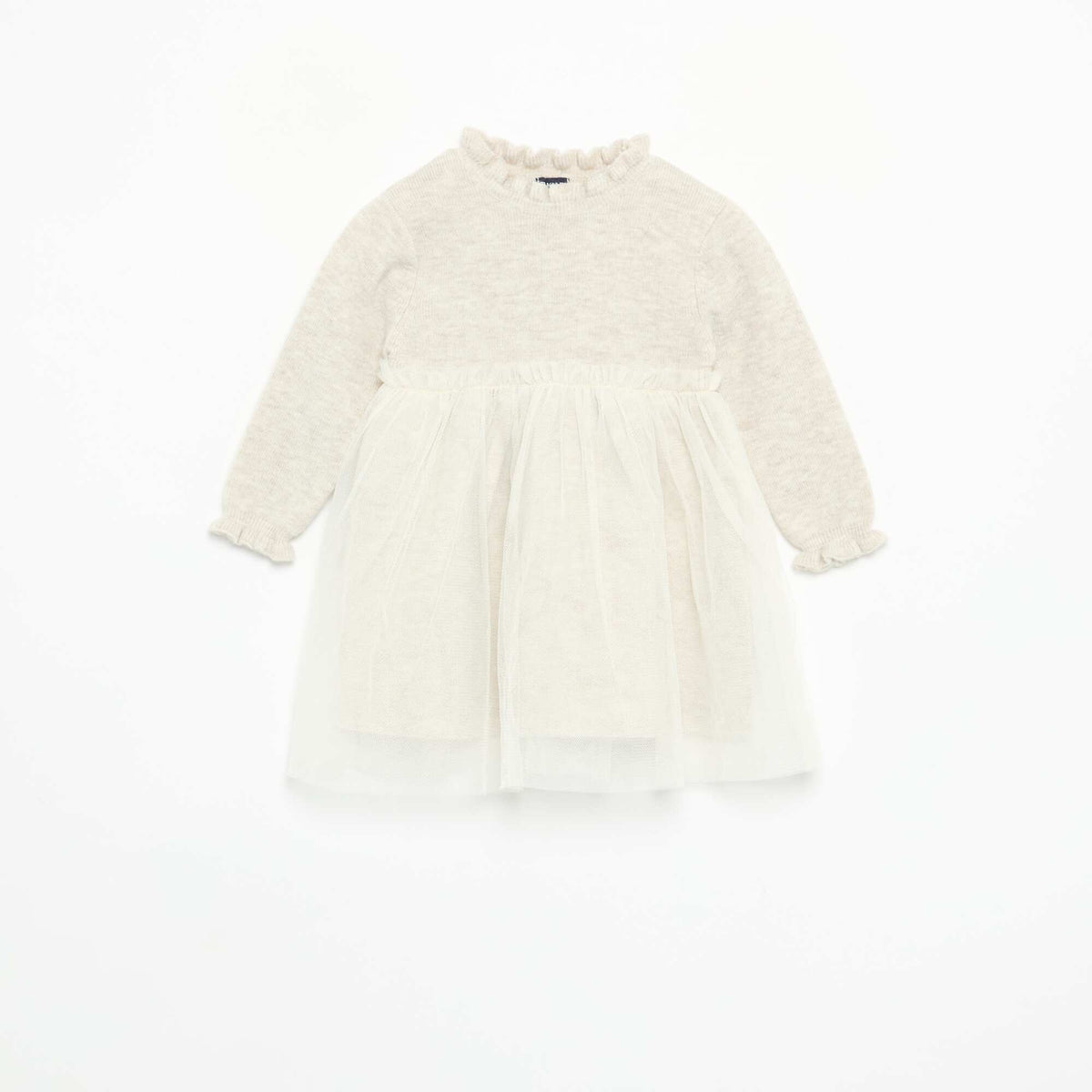 Long-sleeved knit and tulle dress BEIGE