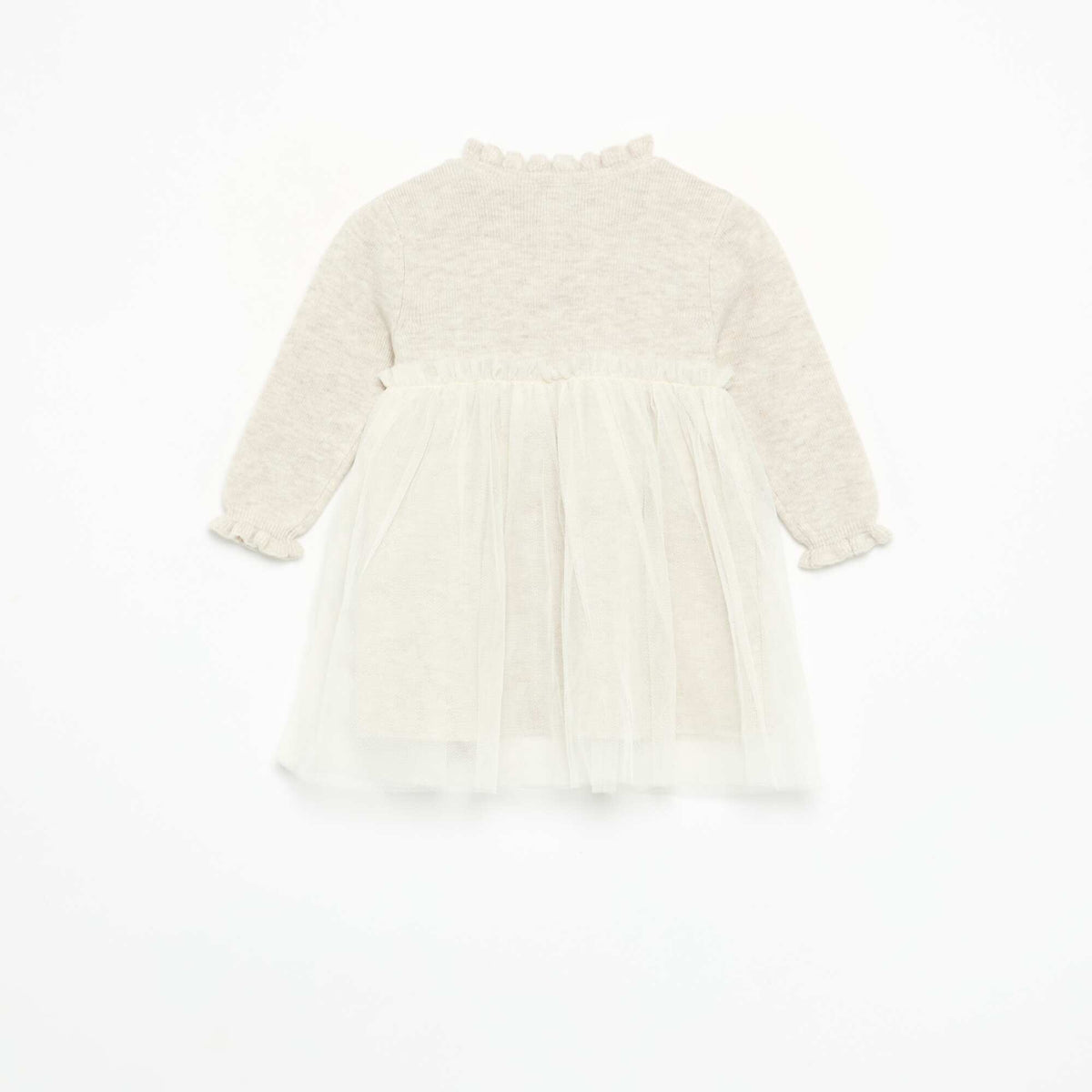 Long-sleeved knit and tulle dress BEIGE
