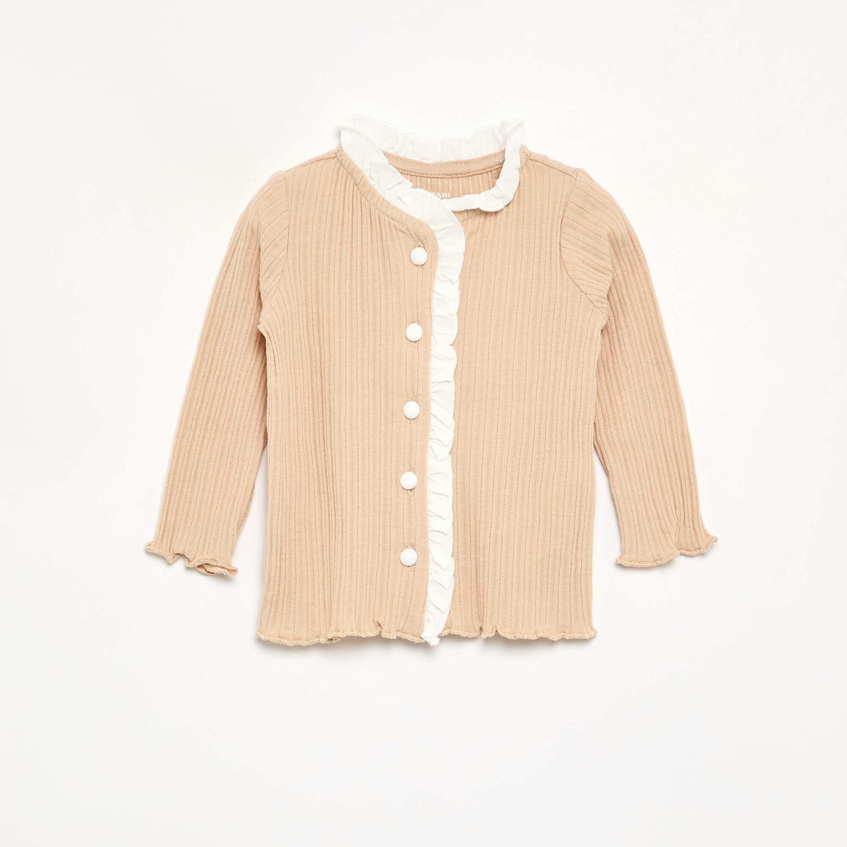 Long-sleeved T-shirt with ruffles and contrasting buttons BEIGE