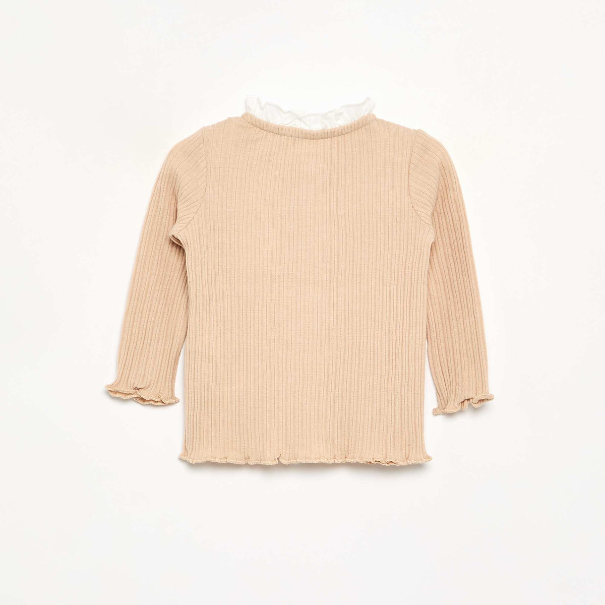 Long-sleeved T-shirt with ruffles and contrasting buttons BEIGE