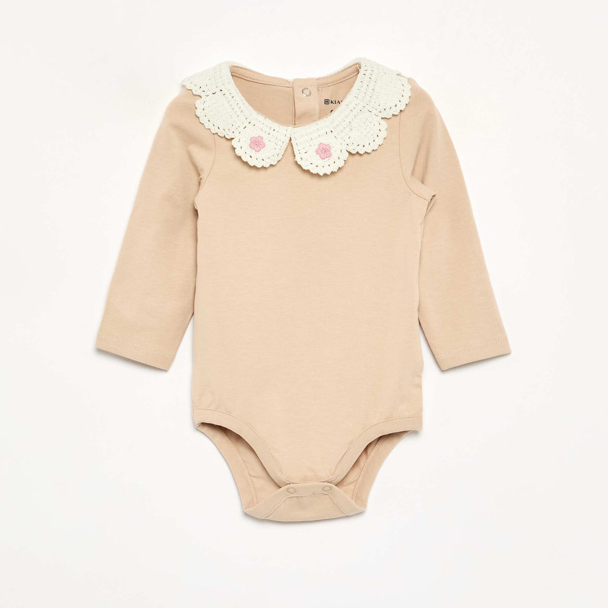 Long-sleeved bodysuit with macramé collar BEIGE