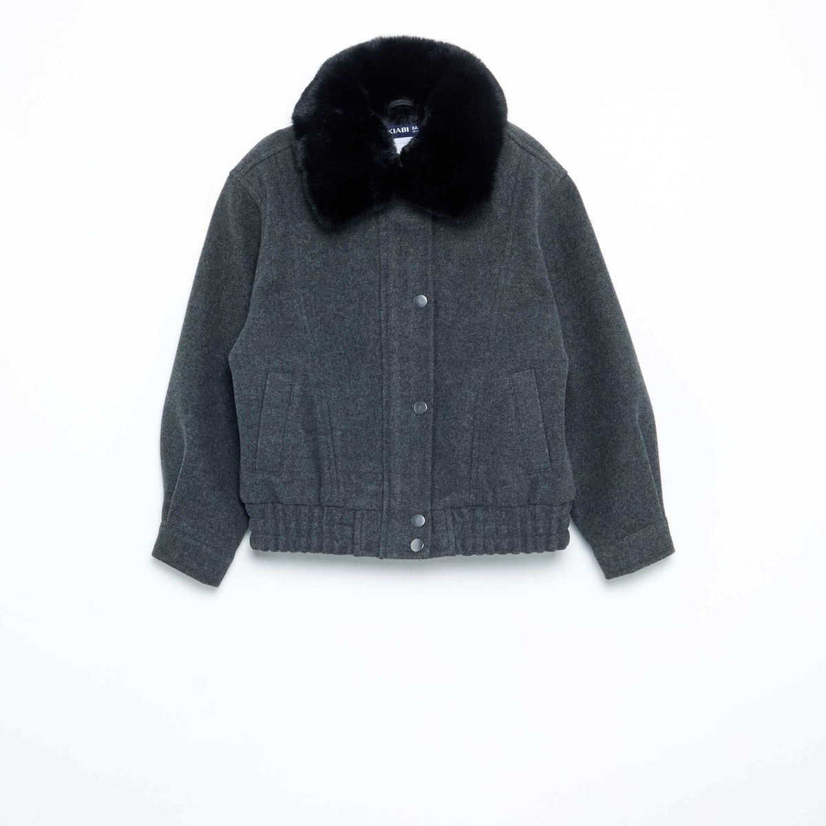 Oversized Faux Wool Jacket with Detachable Fur Collar GREY