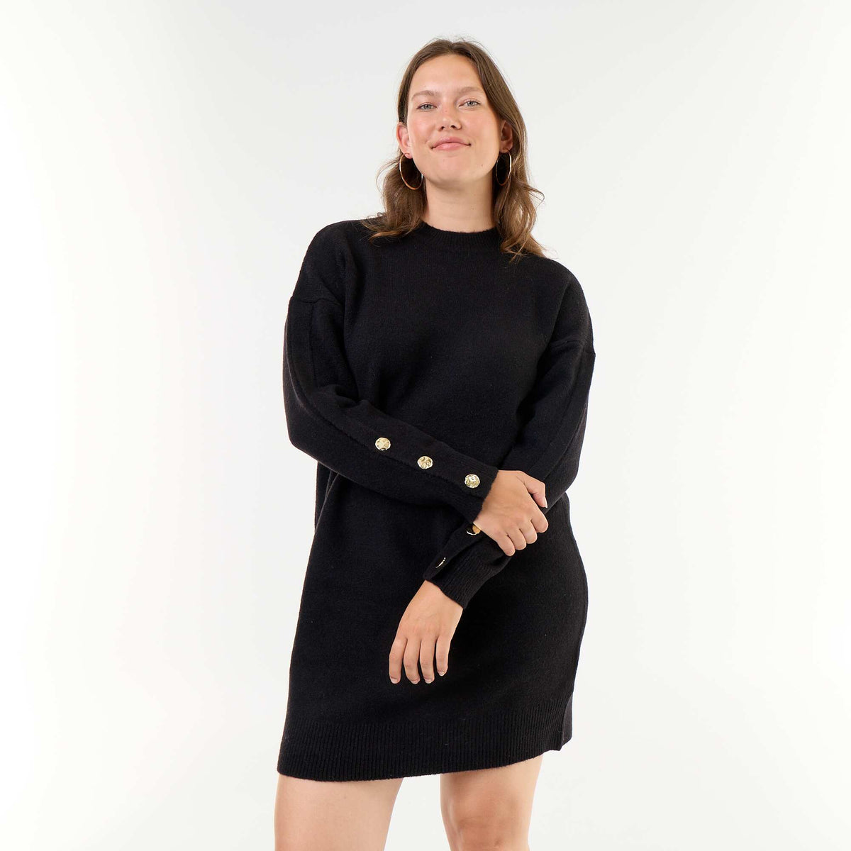 Sweater Dress with Buttoned Sleeves BLACK