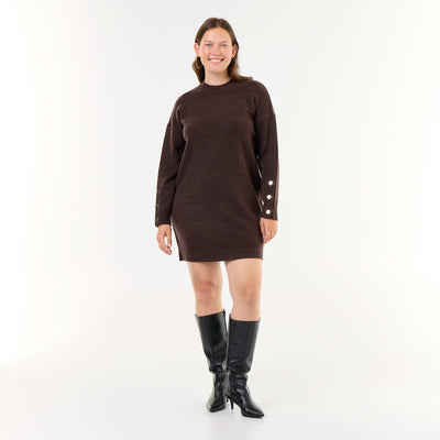 Sweater Dress with Buttoned Sleeves BROWN