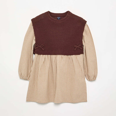 2-in-1 Dress with Knit Top and Flannel Bottom BROWN
