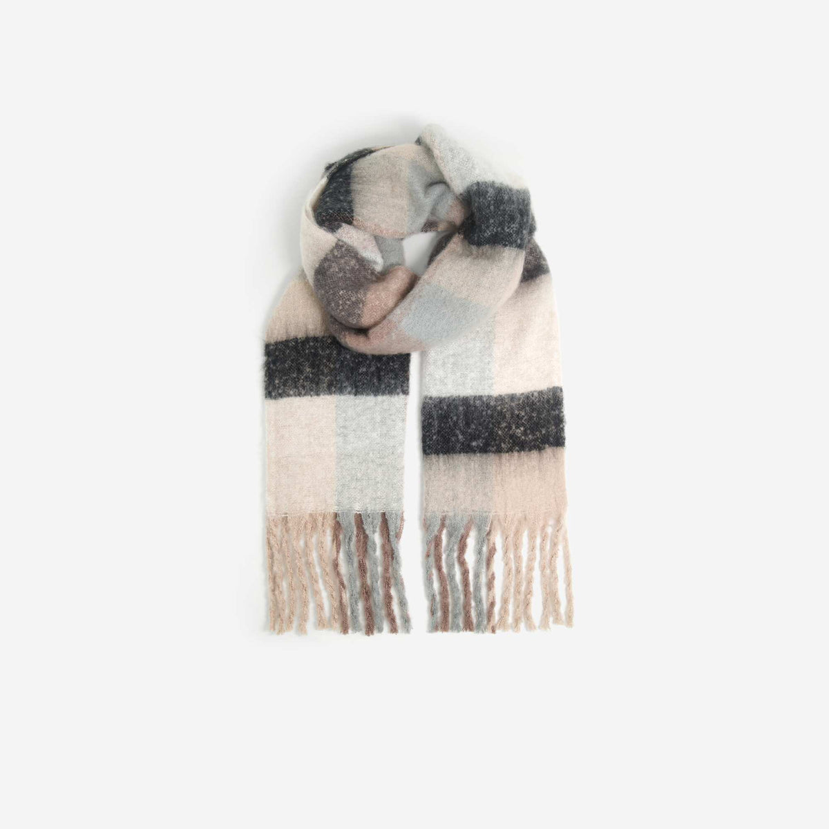 Plaid Scarf with Fringes BROWN