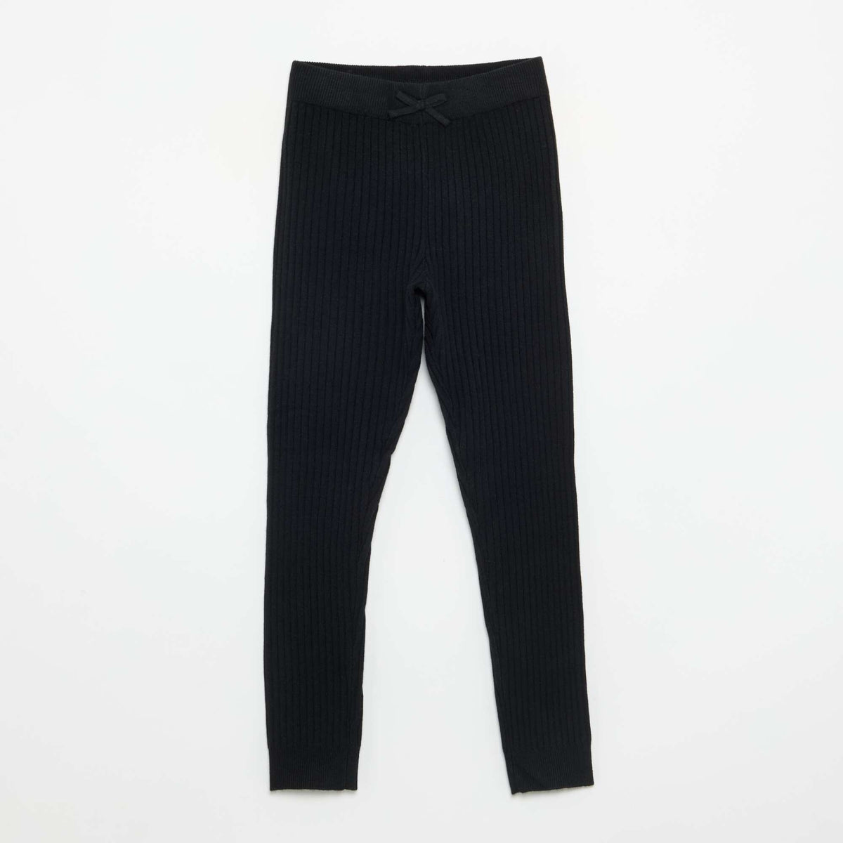 Plain knit leggings with waist tie BLACK