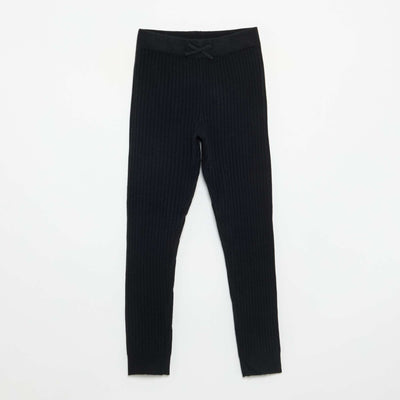 Plain knit leggings with waist tie BLACK