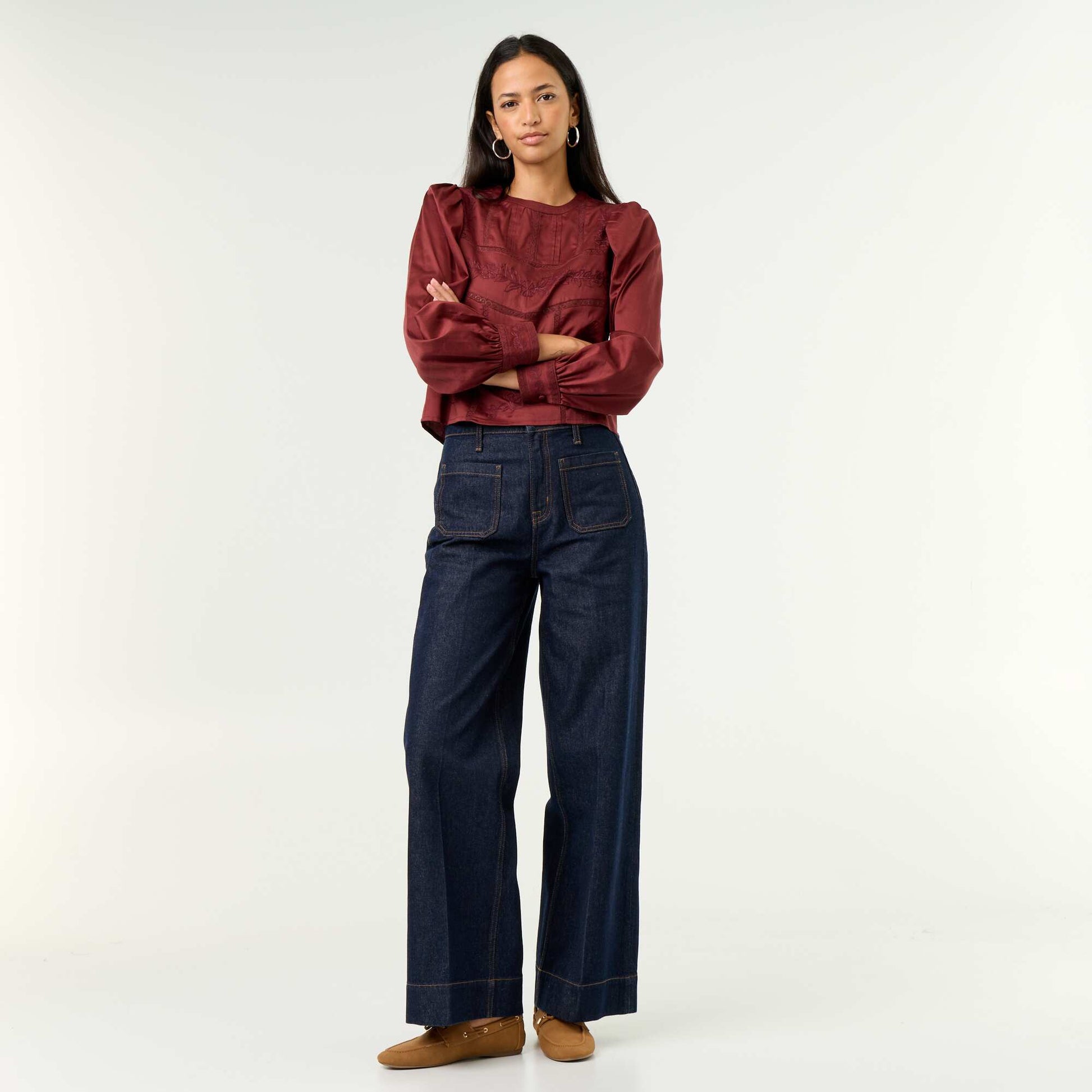 Long-sleeved blouse with embroidery RED