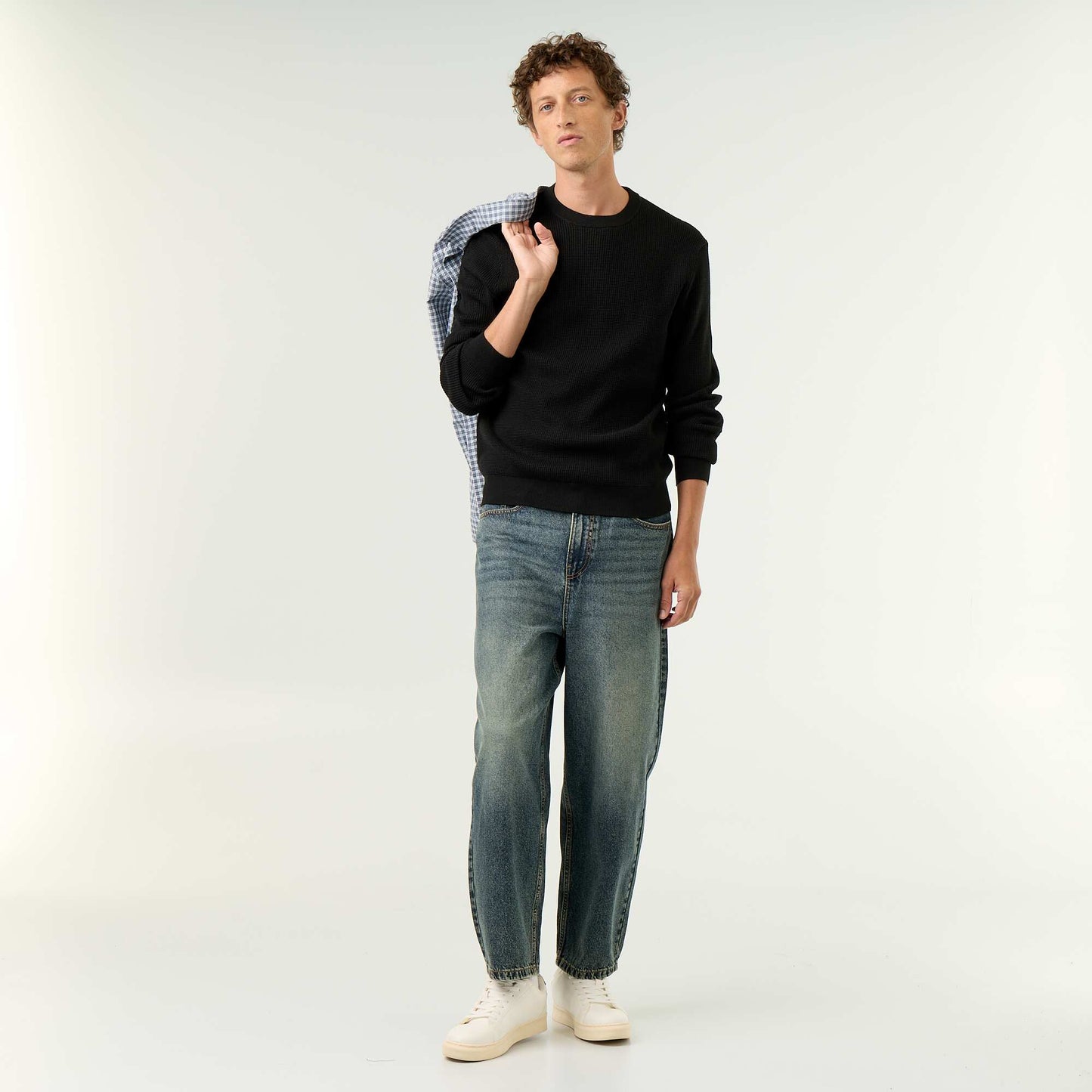 Waffle knit crew neck jumper BLACK