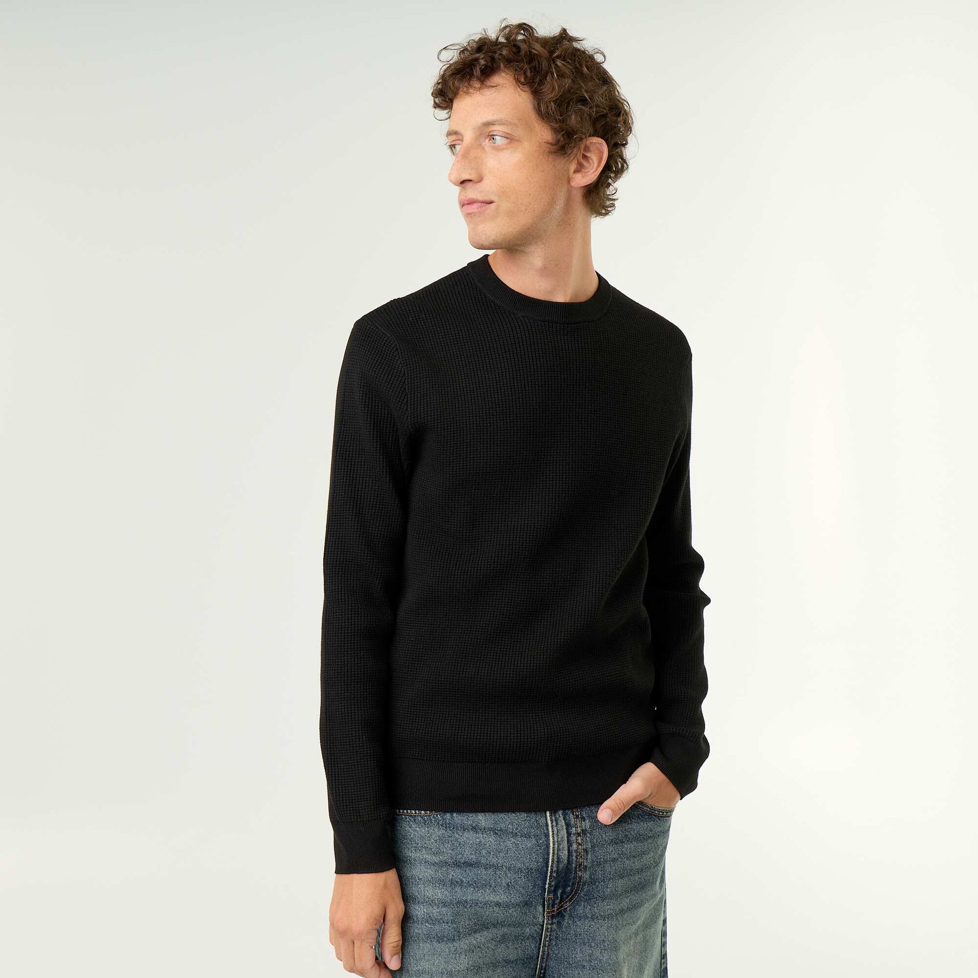 Waffle knit crew neck jumper BLACK