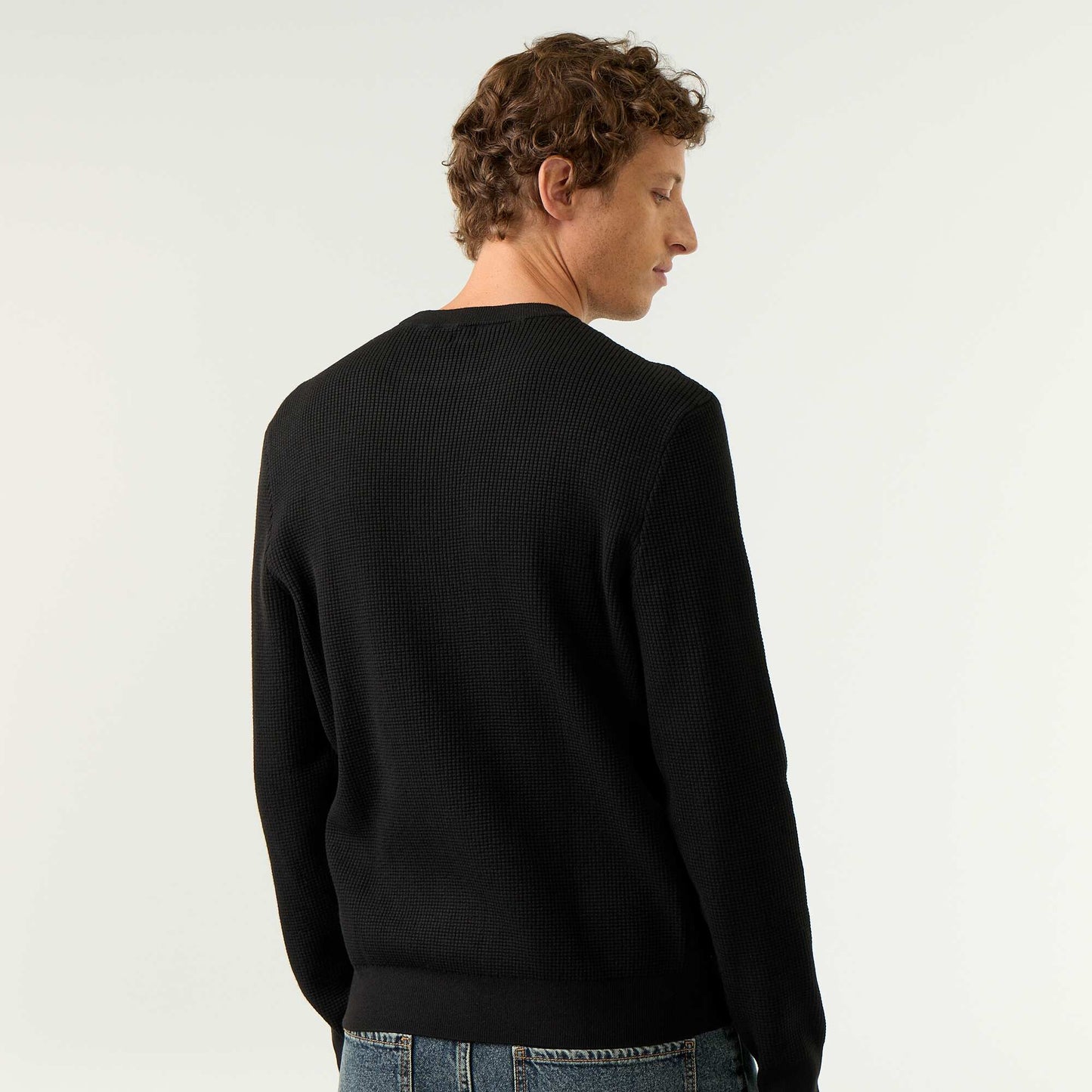 Waffle knit crew neck jumper BLACK