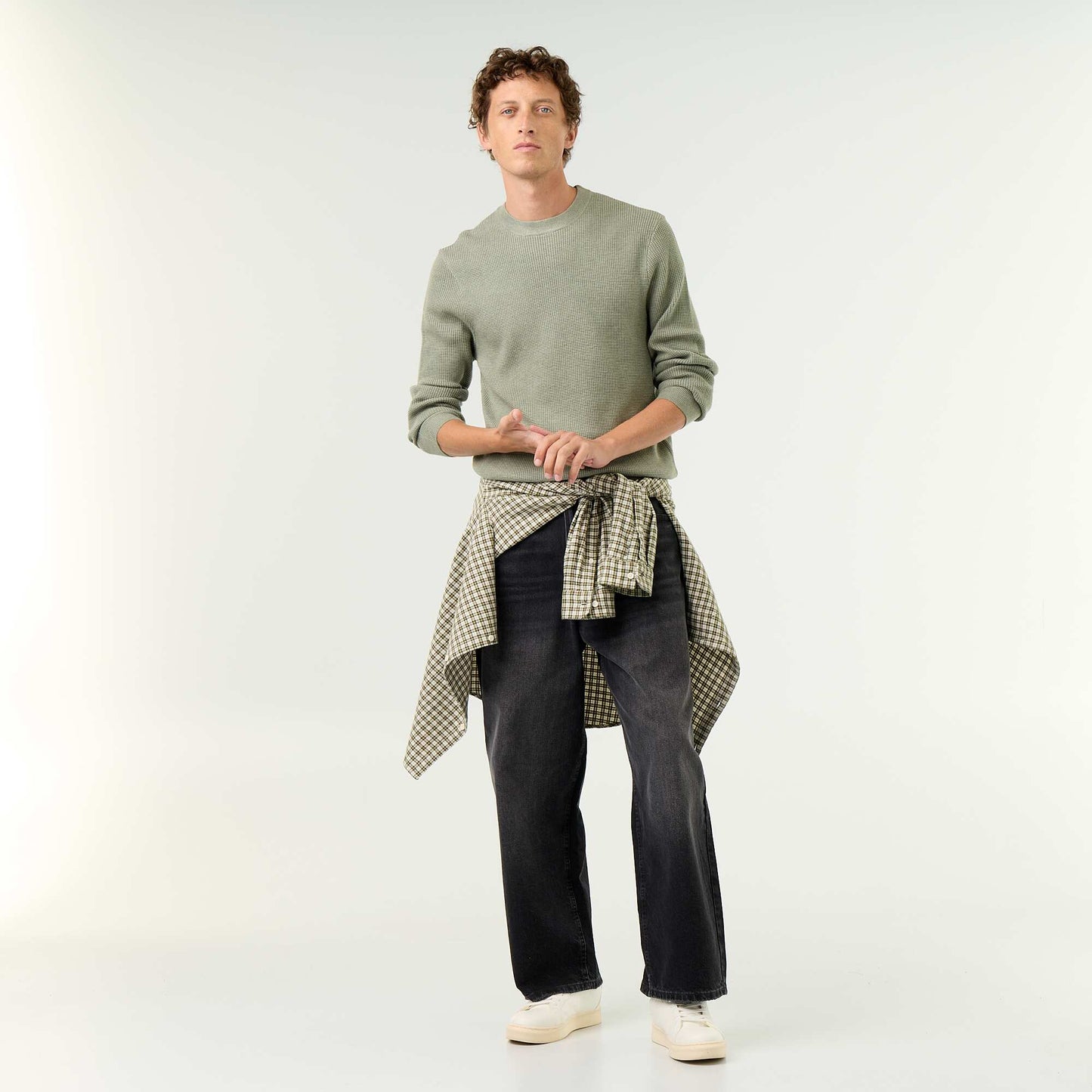 Waffle knit crew neck jumper GREEN