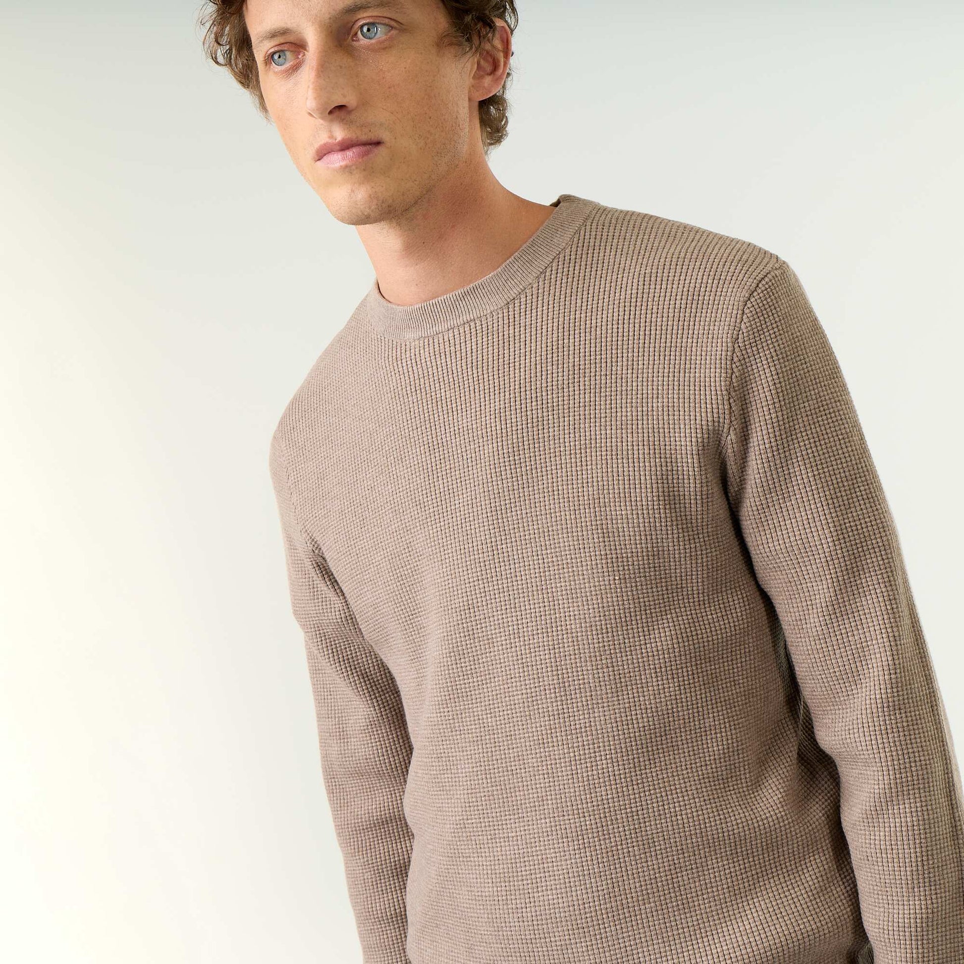 Waffle knit crew neck jumper BEIGE