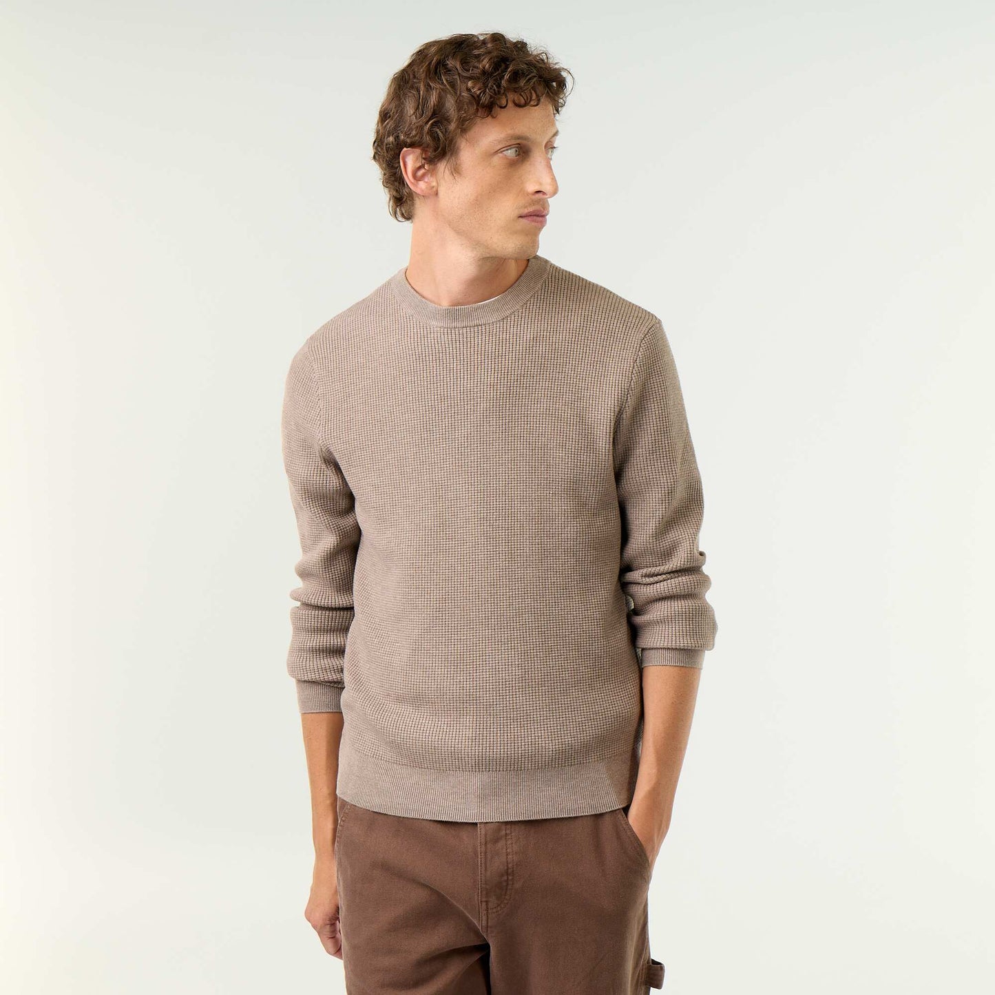 Waffle knit crew neck jumper BEIGE