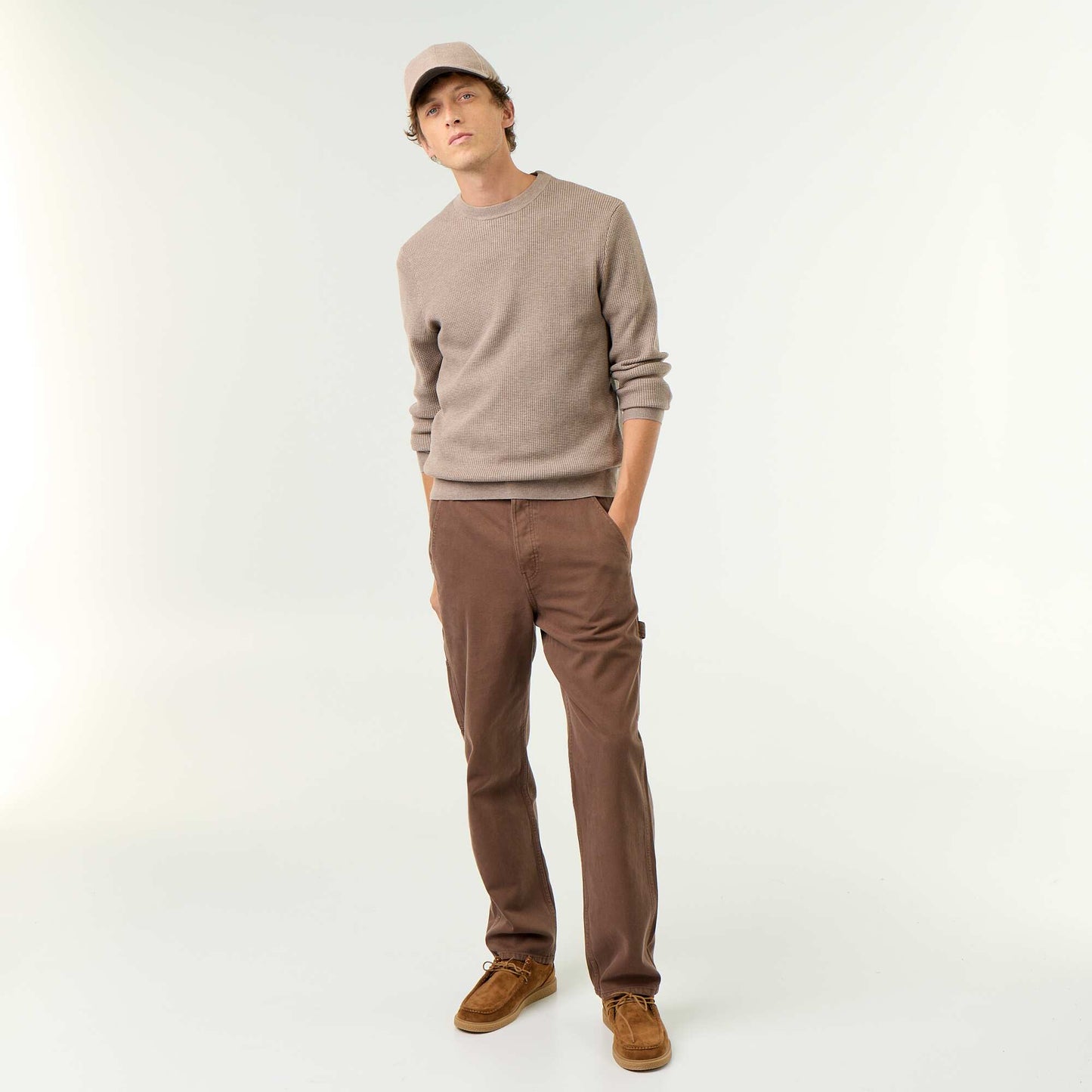 Waffle knit crew neck jumper BEIGE
