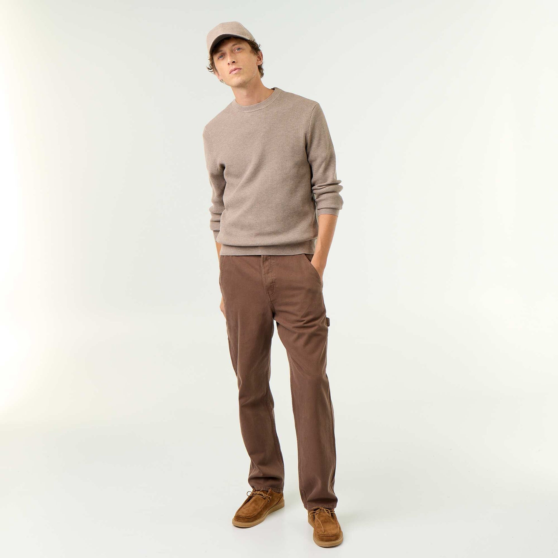Waffle knit crew neck jumper BEIGE