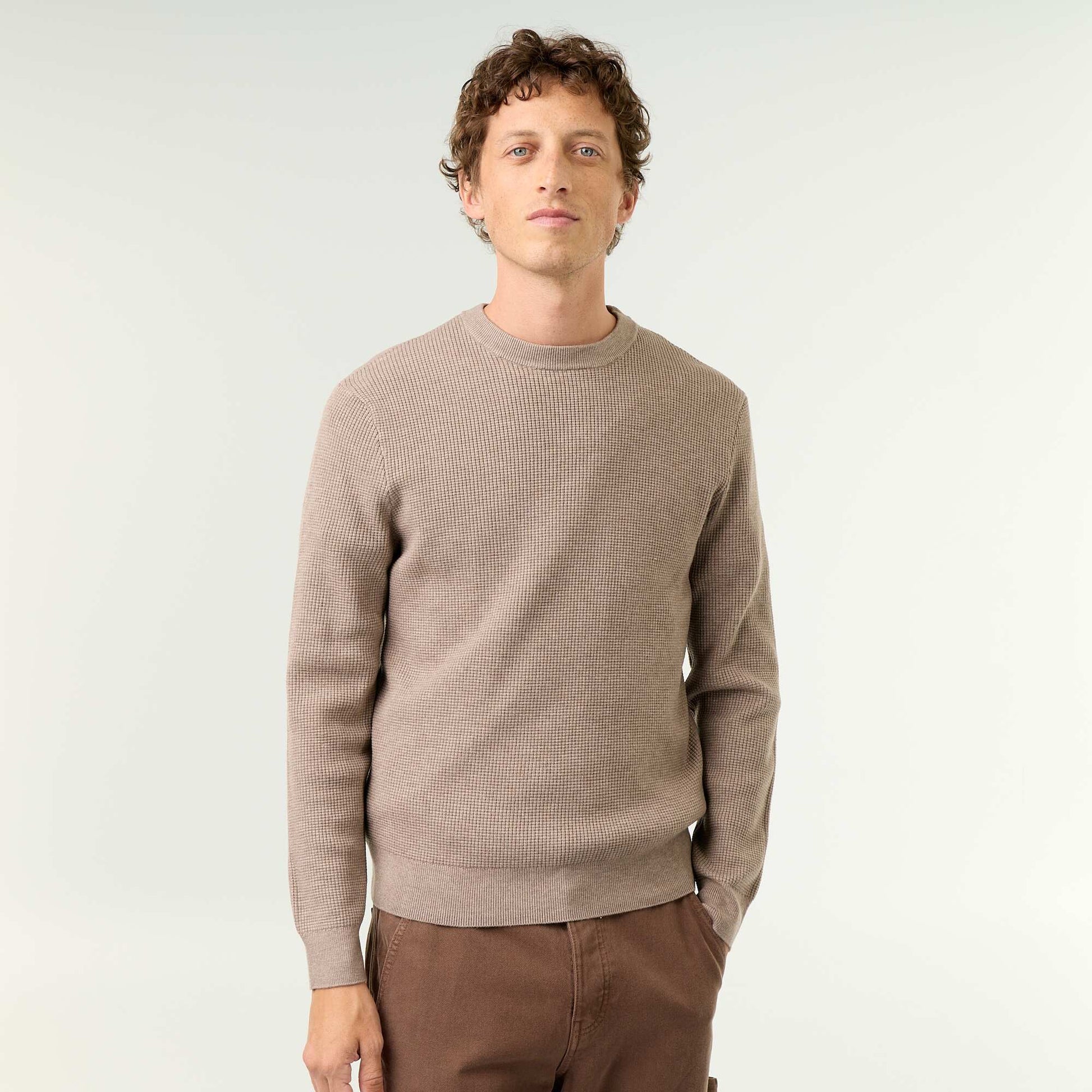 Waffle knit crew neck jumper BEIGE