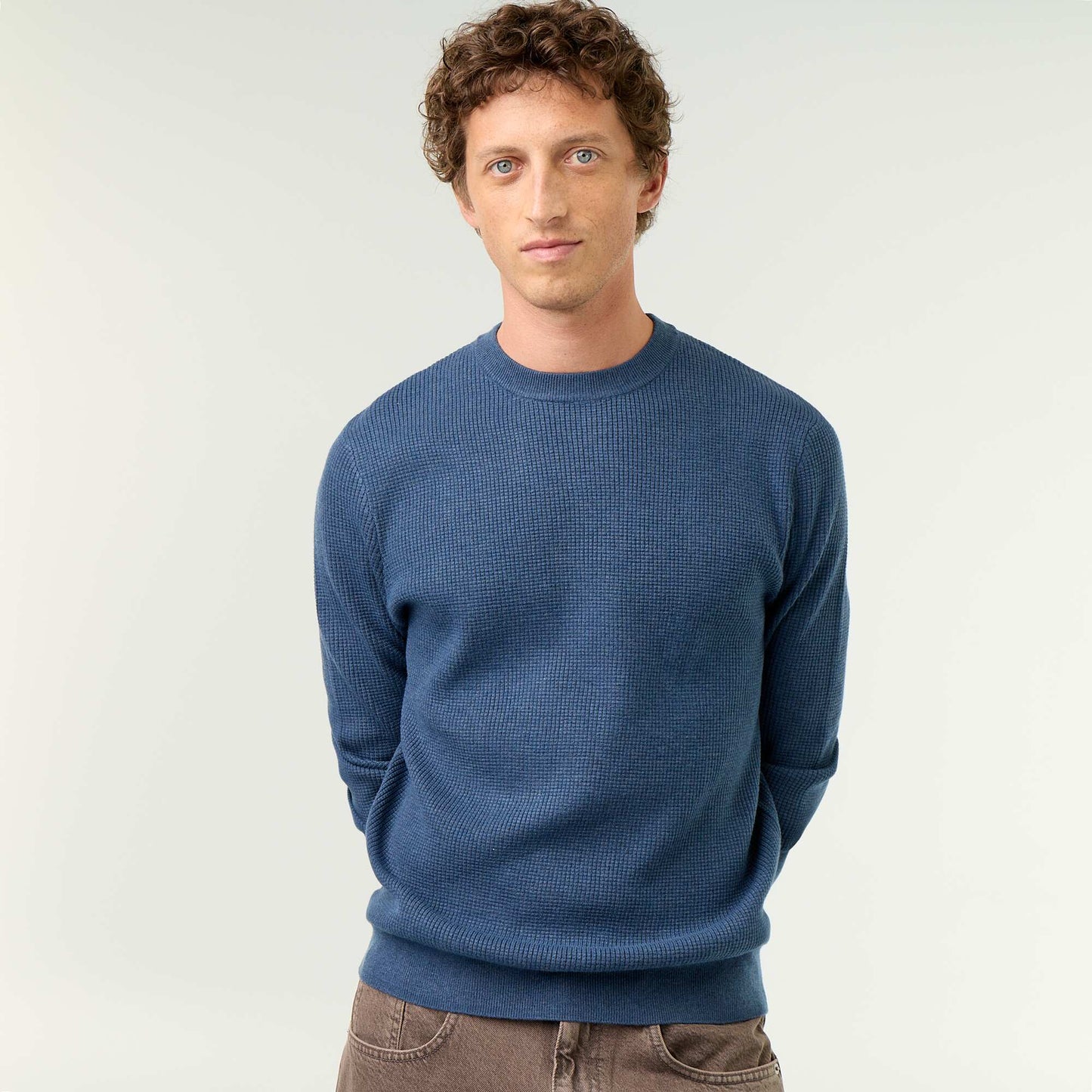 Waffle knit crew neck jumper BLUE