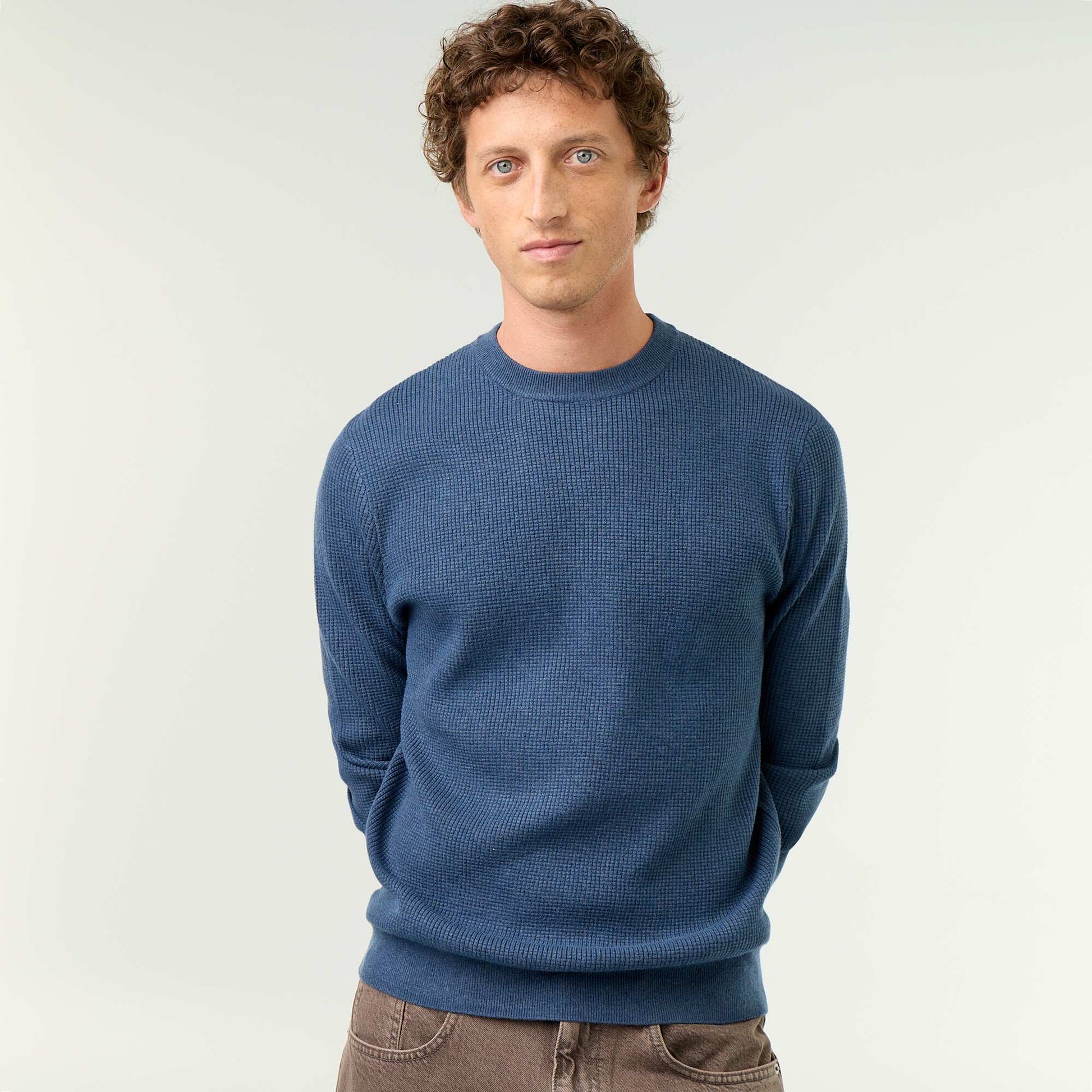 Waffle knit crew neck jumper BLUE