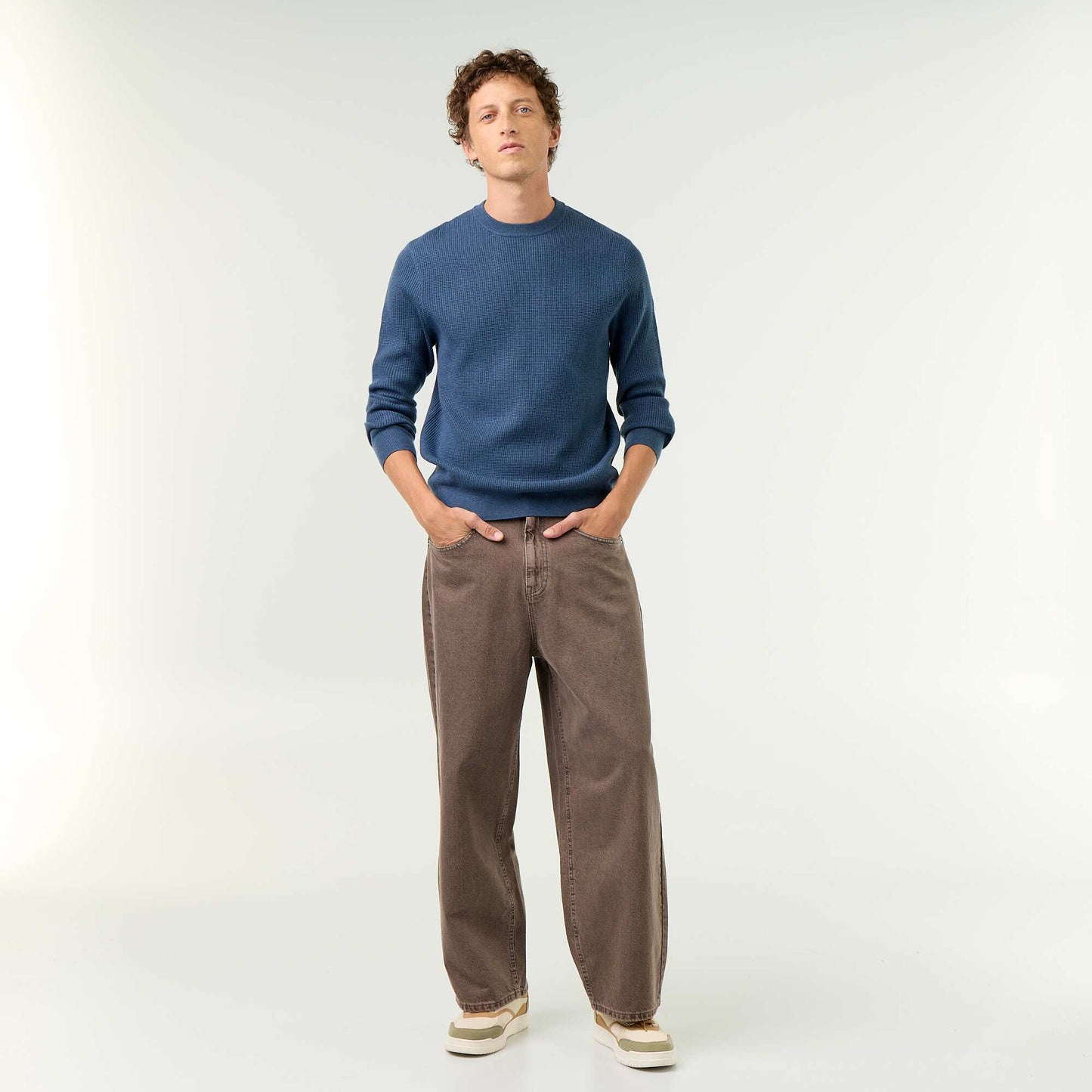 Waffle knit crew neck jumper BLUE