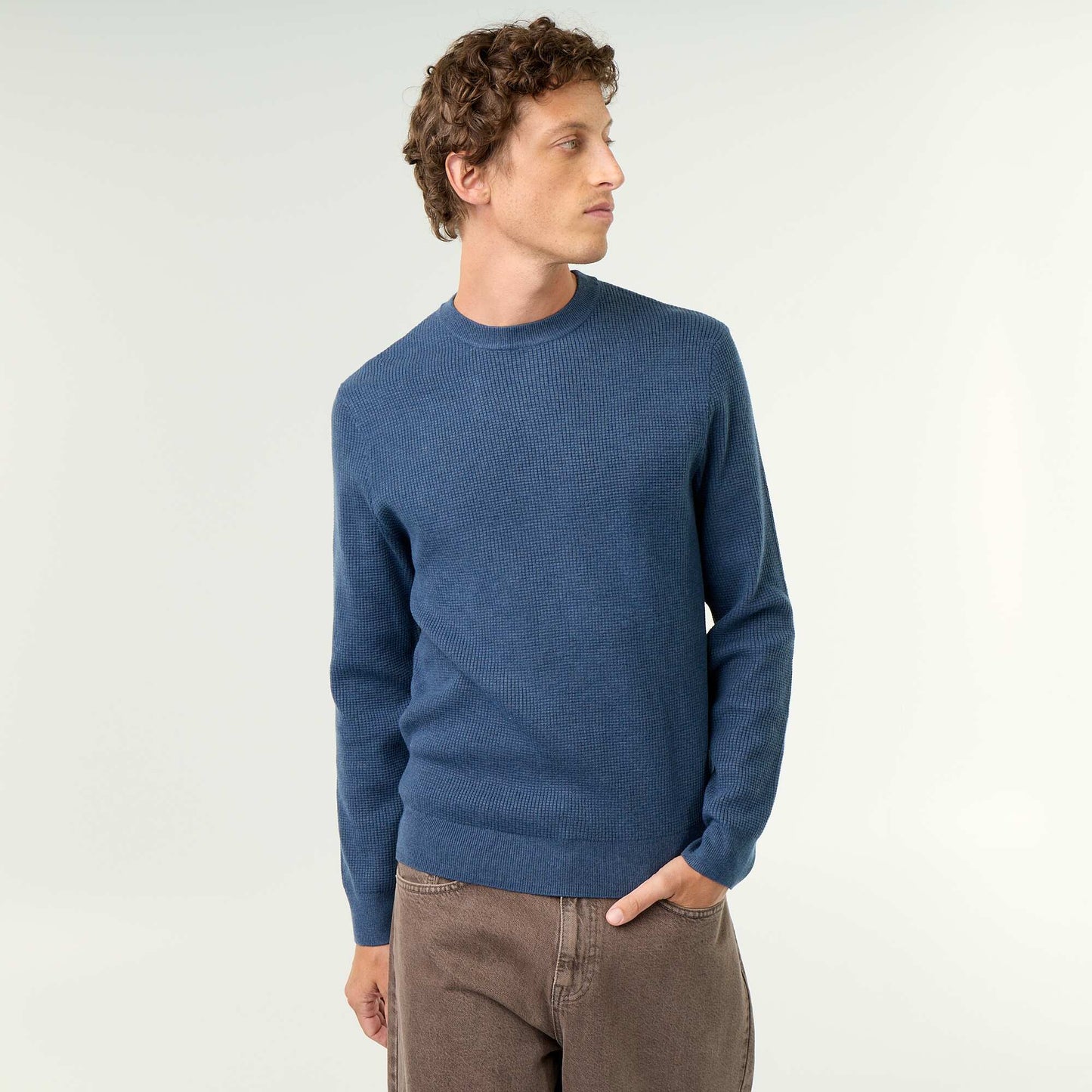 Waffle knit crew neck jumper BLUE