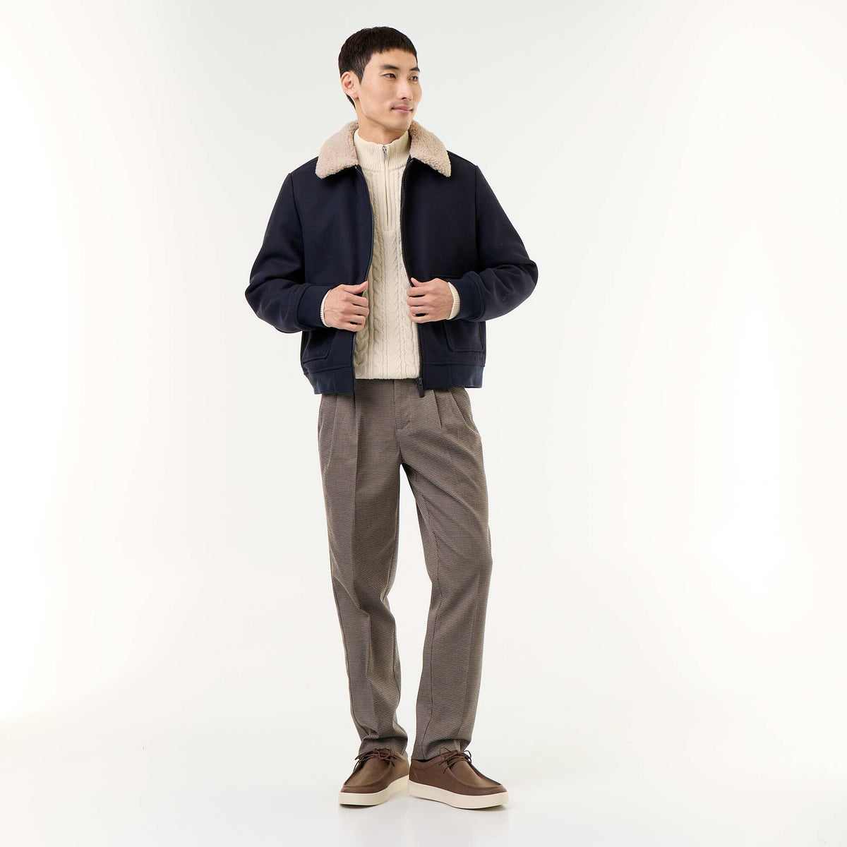 Cable Knit Zip-Up Funnel Neck Sweater WHITE