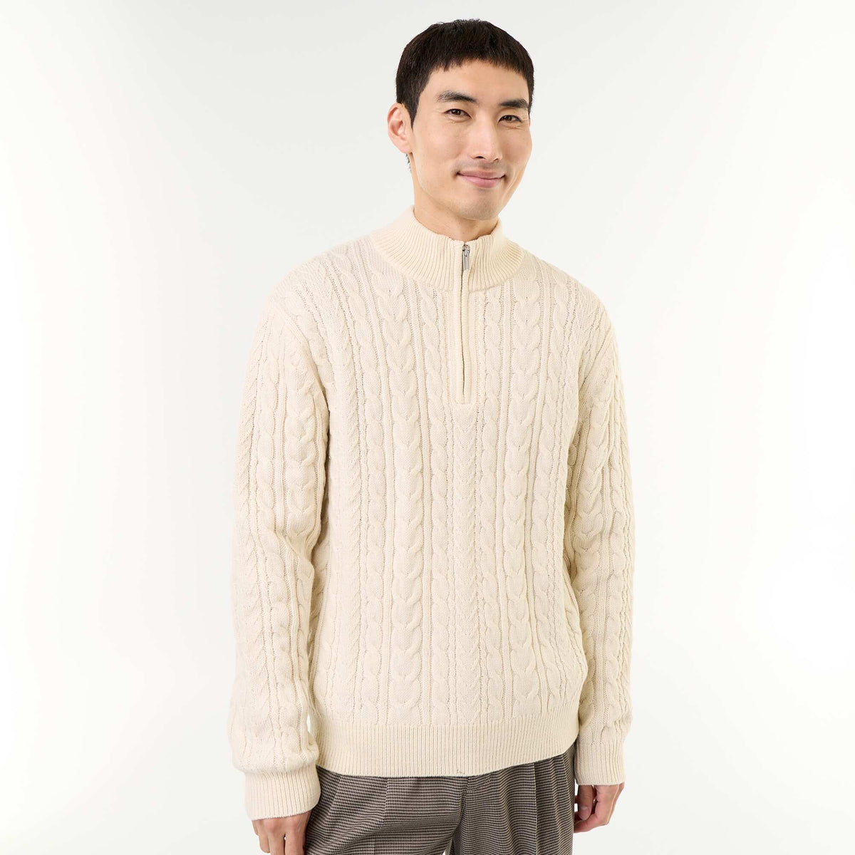 Cable Knit Zip-Up Funnel Neck Sweater WHITE
